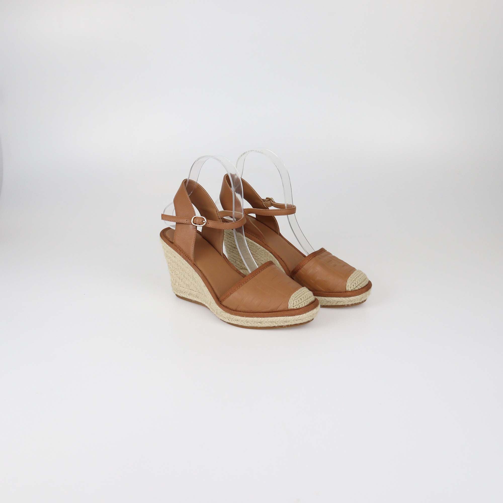 Fendi Brown FF Embossed Leather Espadrille Ankle Strap Wedge Sandals