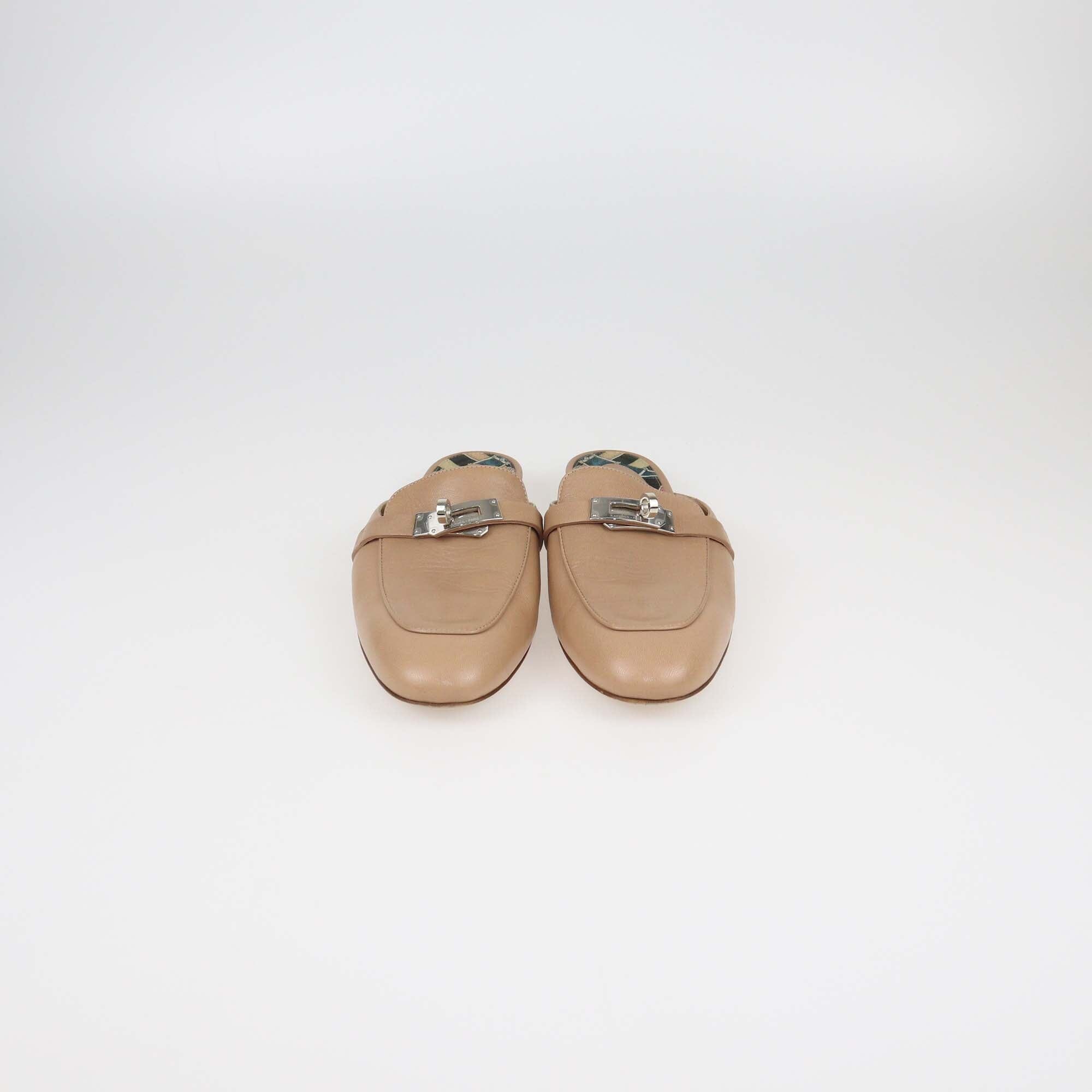 Hermes Beige Leather OZ Mules Womens Hermes 