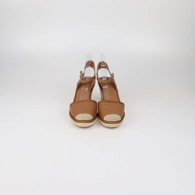 Fendi Brown FF Embossed Leather Espadrille Ankle Strap Wedge Sandals