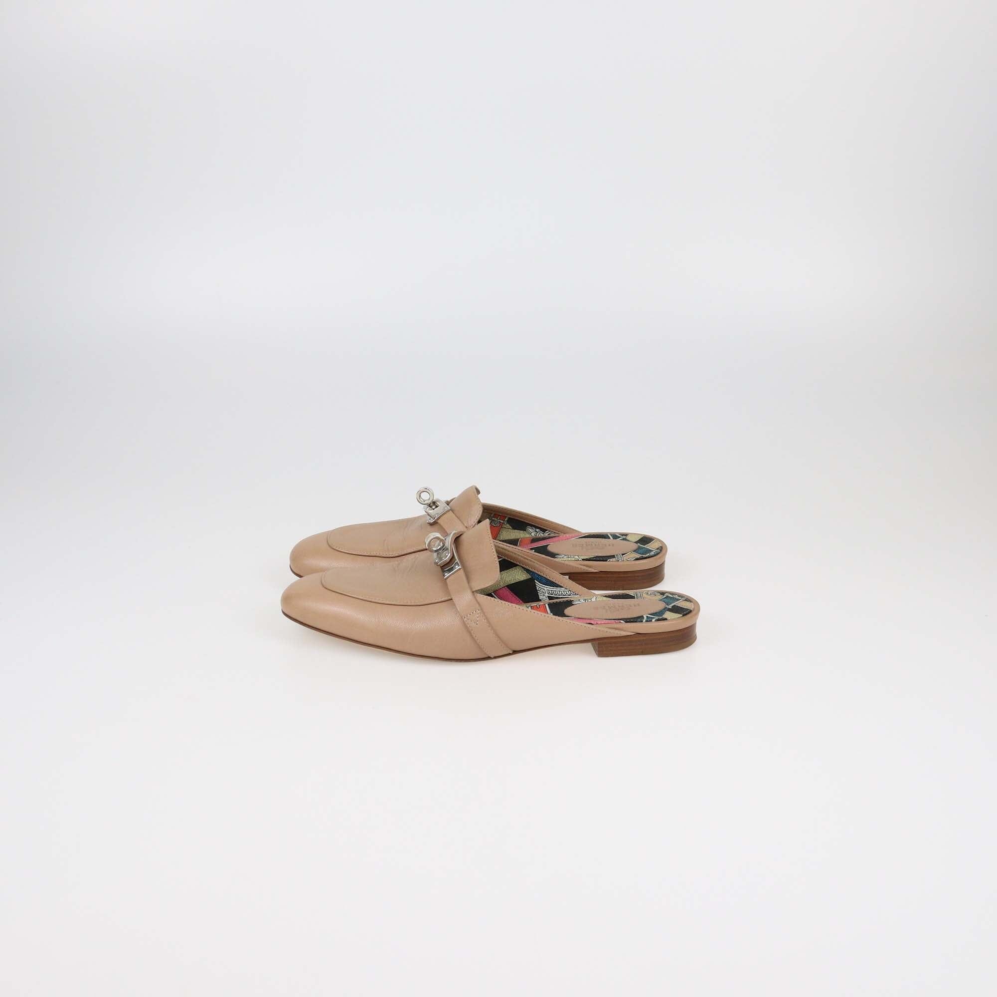 Hermes Beige Leather OZ Mules Womens Hermes 