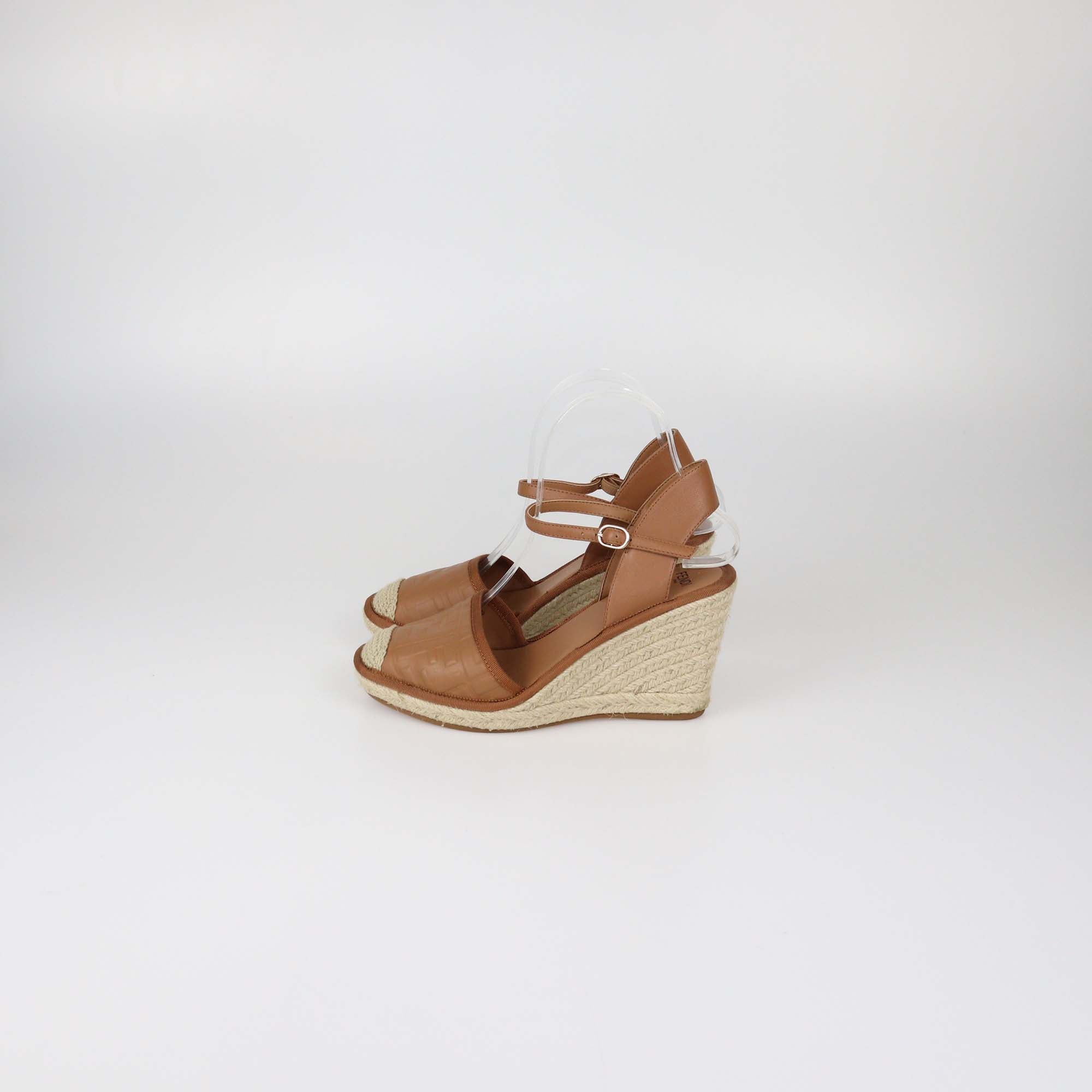 Fendi Brown FF Embossed Leather Espadrille Ankle Strap Wedge Sandals