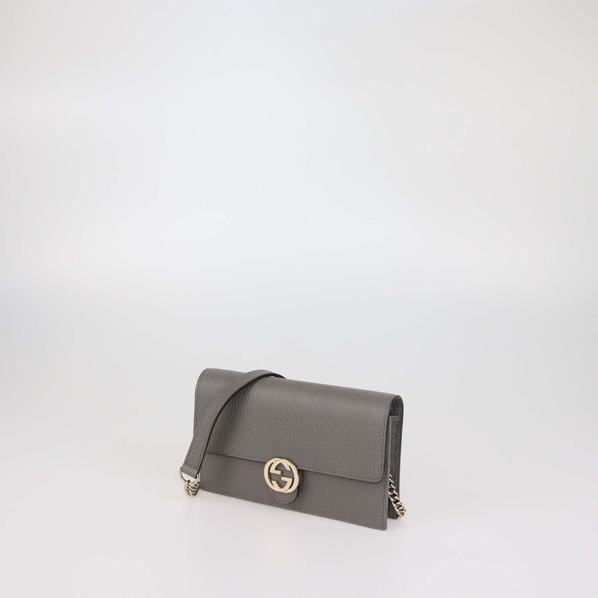 Gucci Grey Leather Interlocking G Dollar Wallet on Chain
