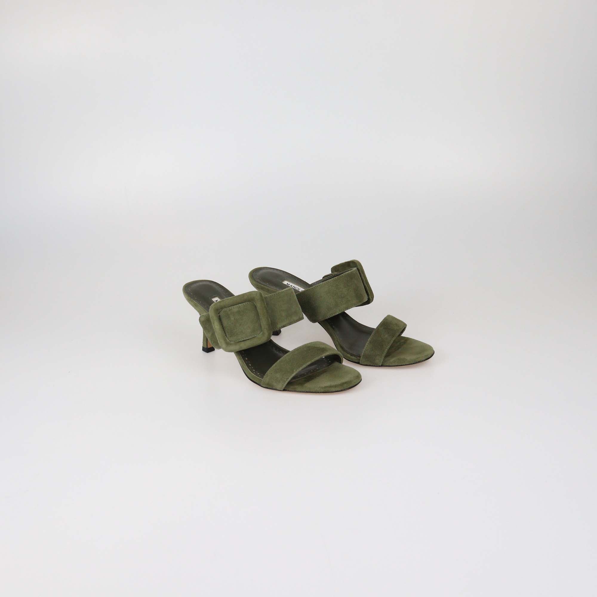 Manolo Blahnik Green Suede Gable Slide Sandals