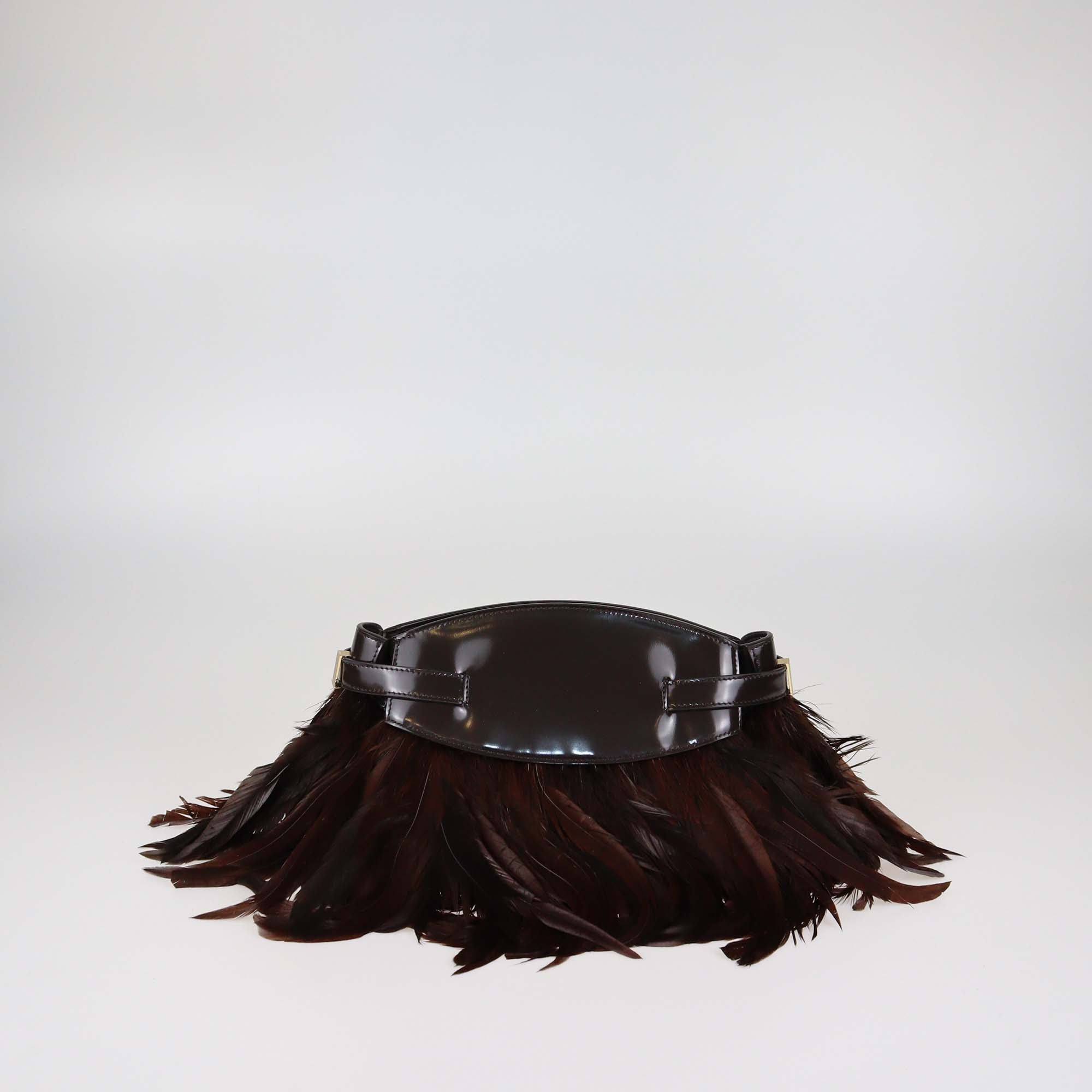 Ferragamo Dark Brown Glossy Leather and Feather XS Hug Soft Crossbody Bag