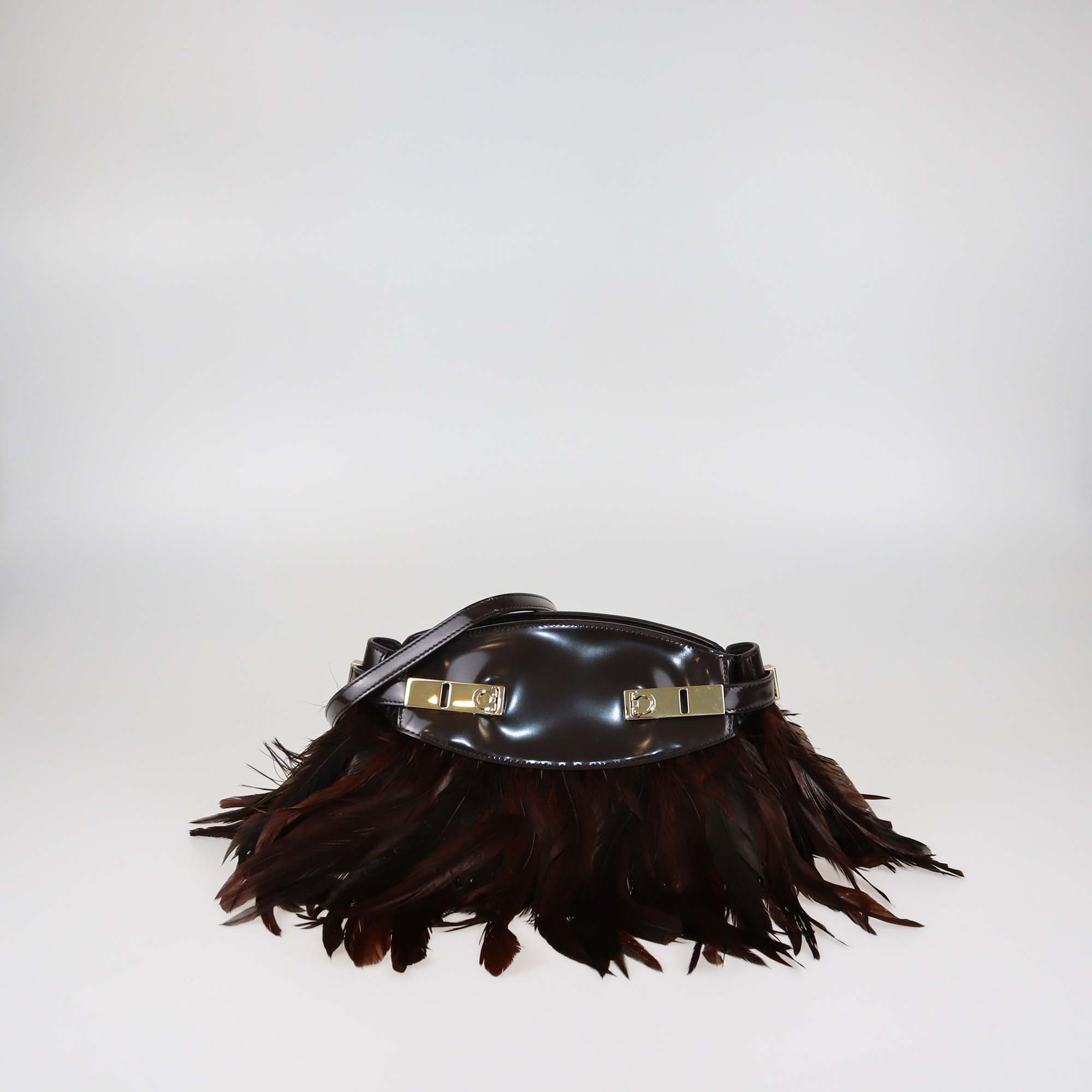 Ferragamo Dark Brown Glossy Leather and Feather XS Hug Soft Crossbody Bag