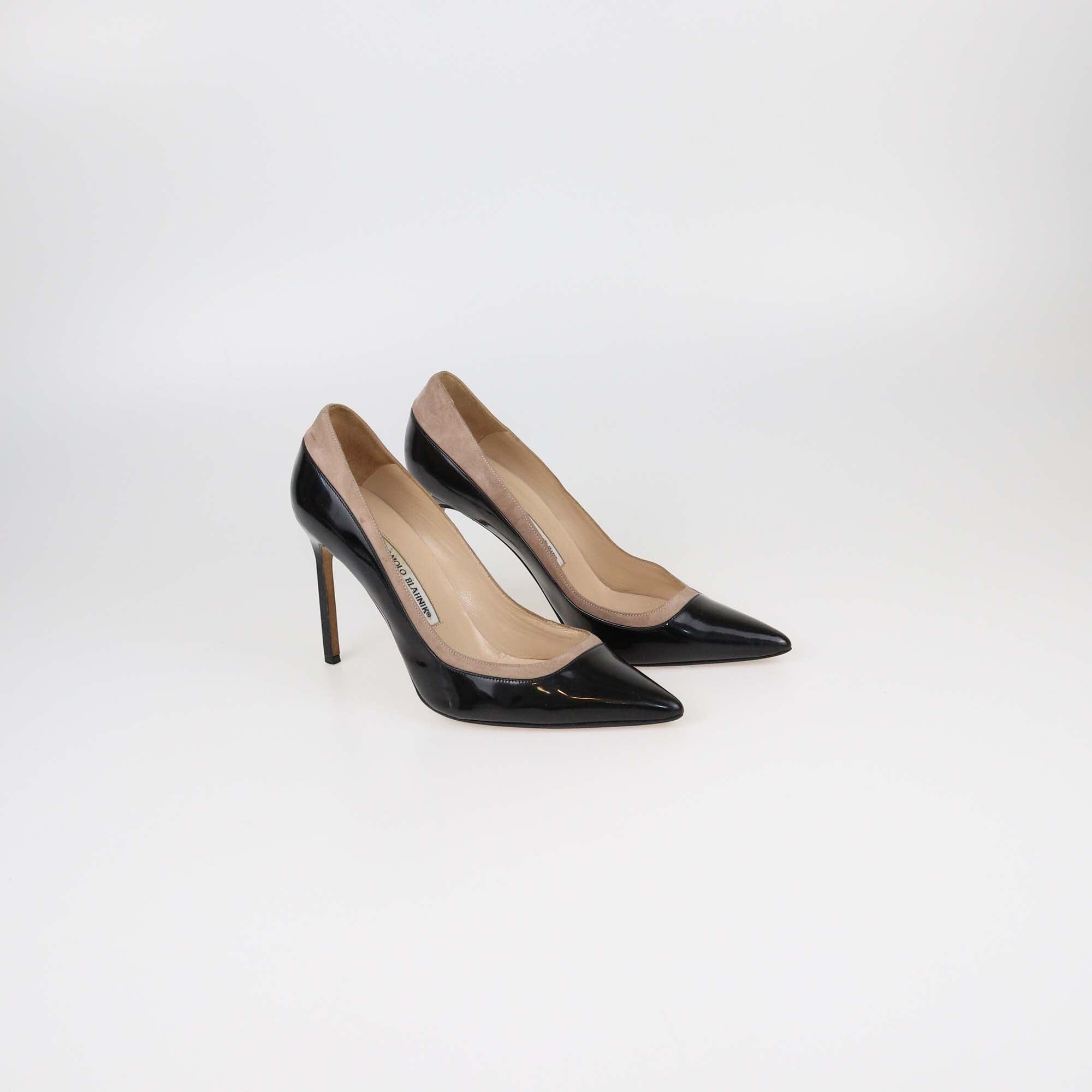 Manolo Blahnik Black/Beige Patent Pointed Toe Pumps Womens Manolo Blahnik 