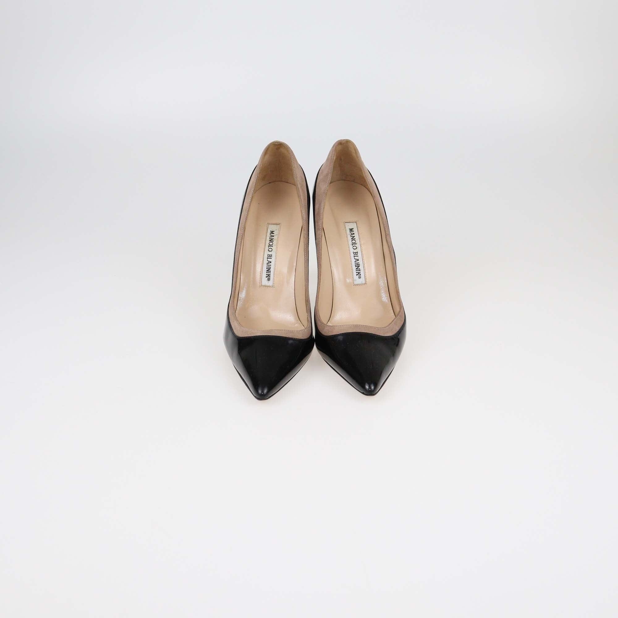 Manolo Blahnik Black/Beige Patent Pointed Toe Pumps Womens Manolo Blahnik 