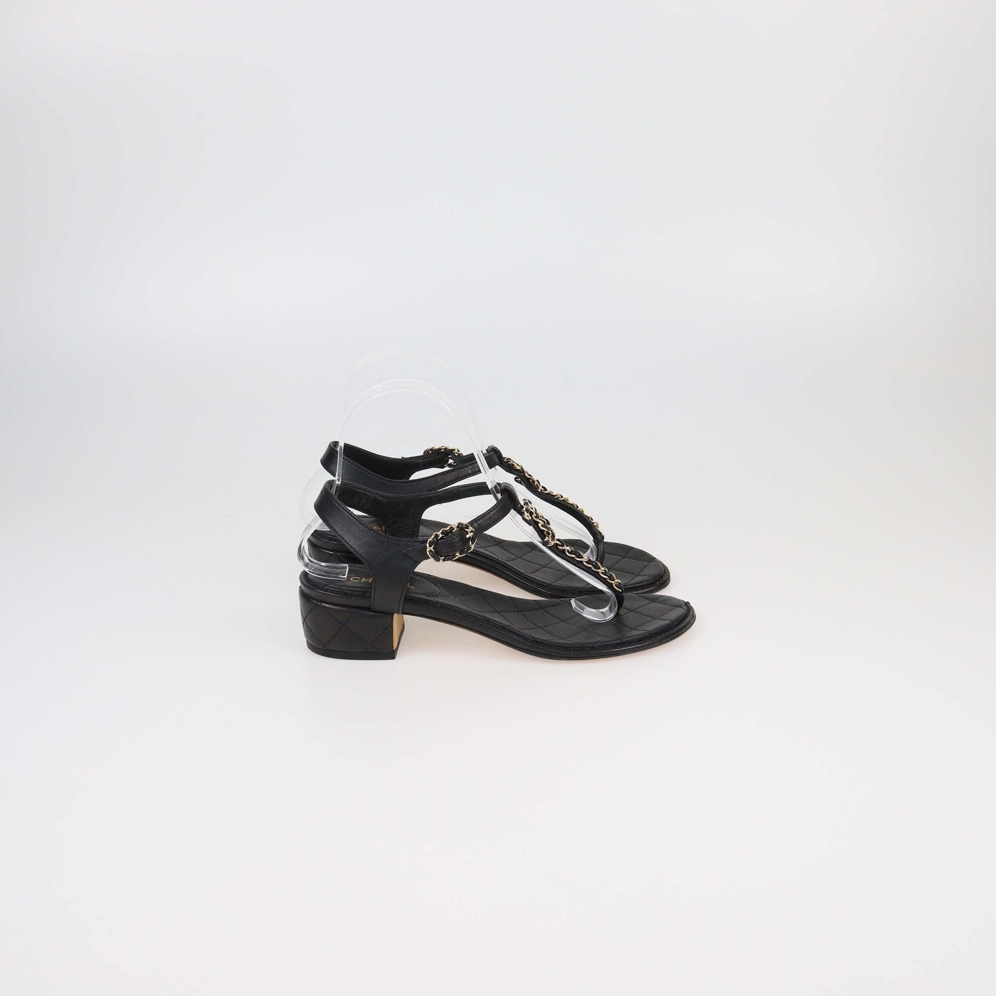 Chanel Black CC Chain Thong Sandals Womens Chanel 