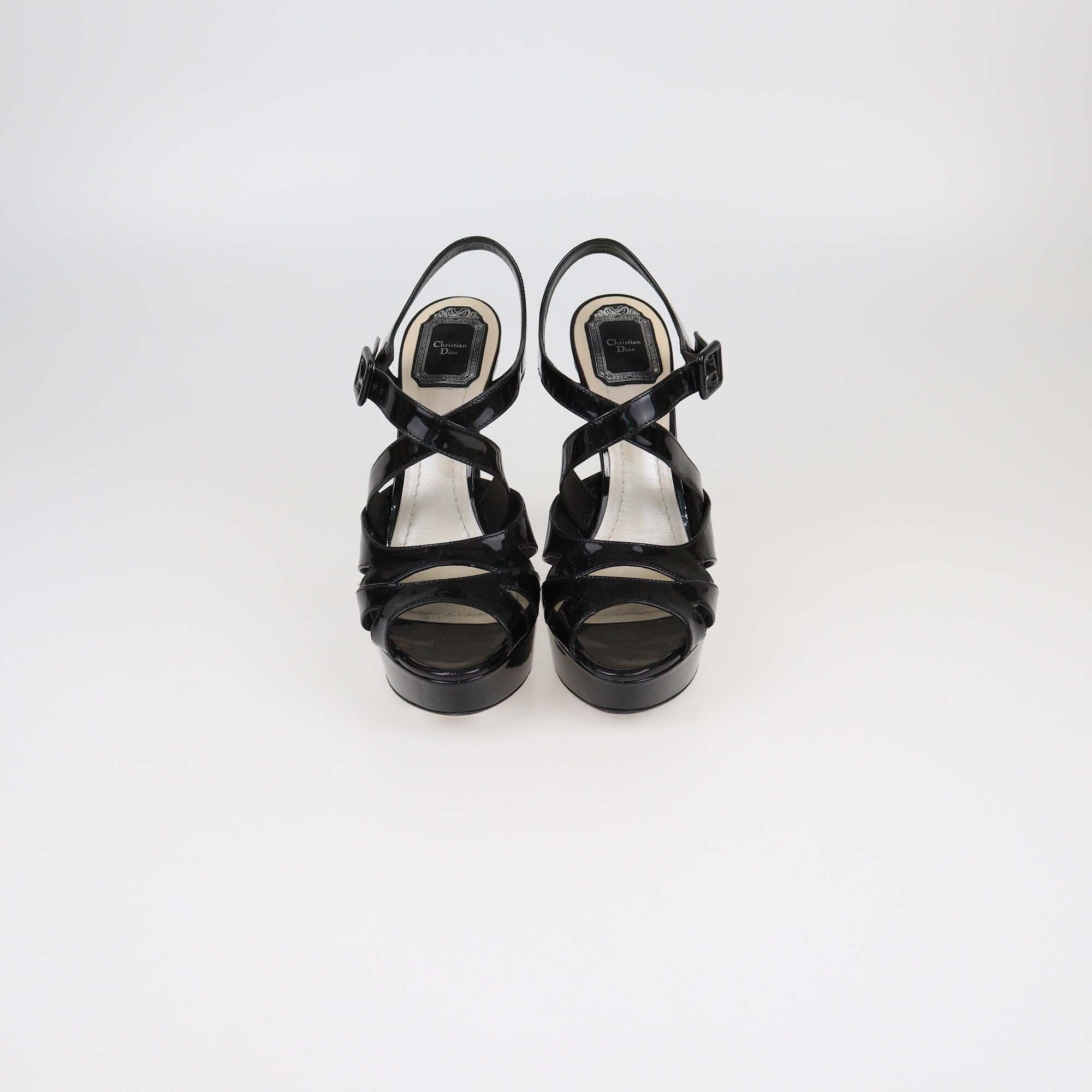Christian Dior Black Patent Cannage Heel Platform Sandals Womens Christian Dior 