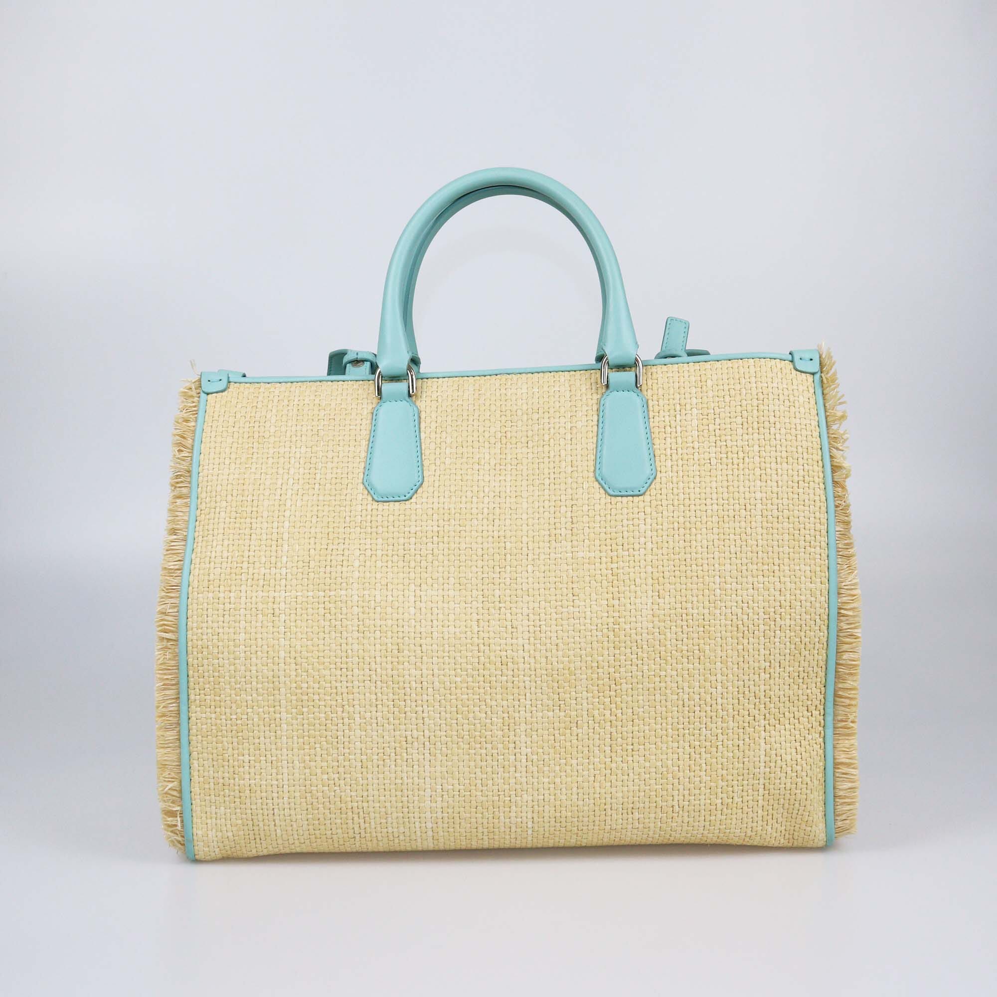 Bvlgari Natural/Pastel Green Raffia Dubai Limited Edition Logo Tote Womens Bvlgari 