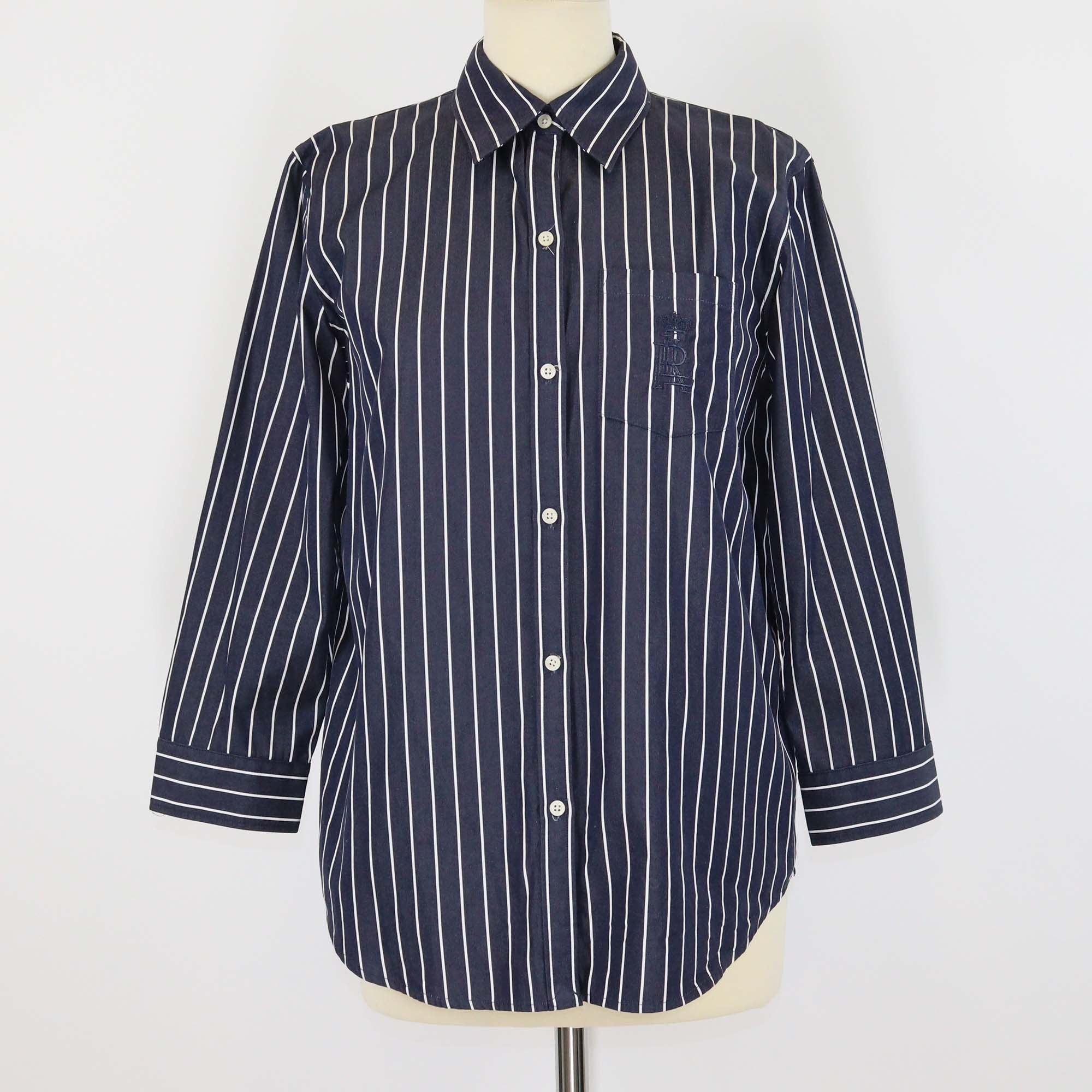 Lauren Ralph Lauren Navy Blue/White Cotton Striped Embroidered Long Sleeve Shirt