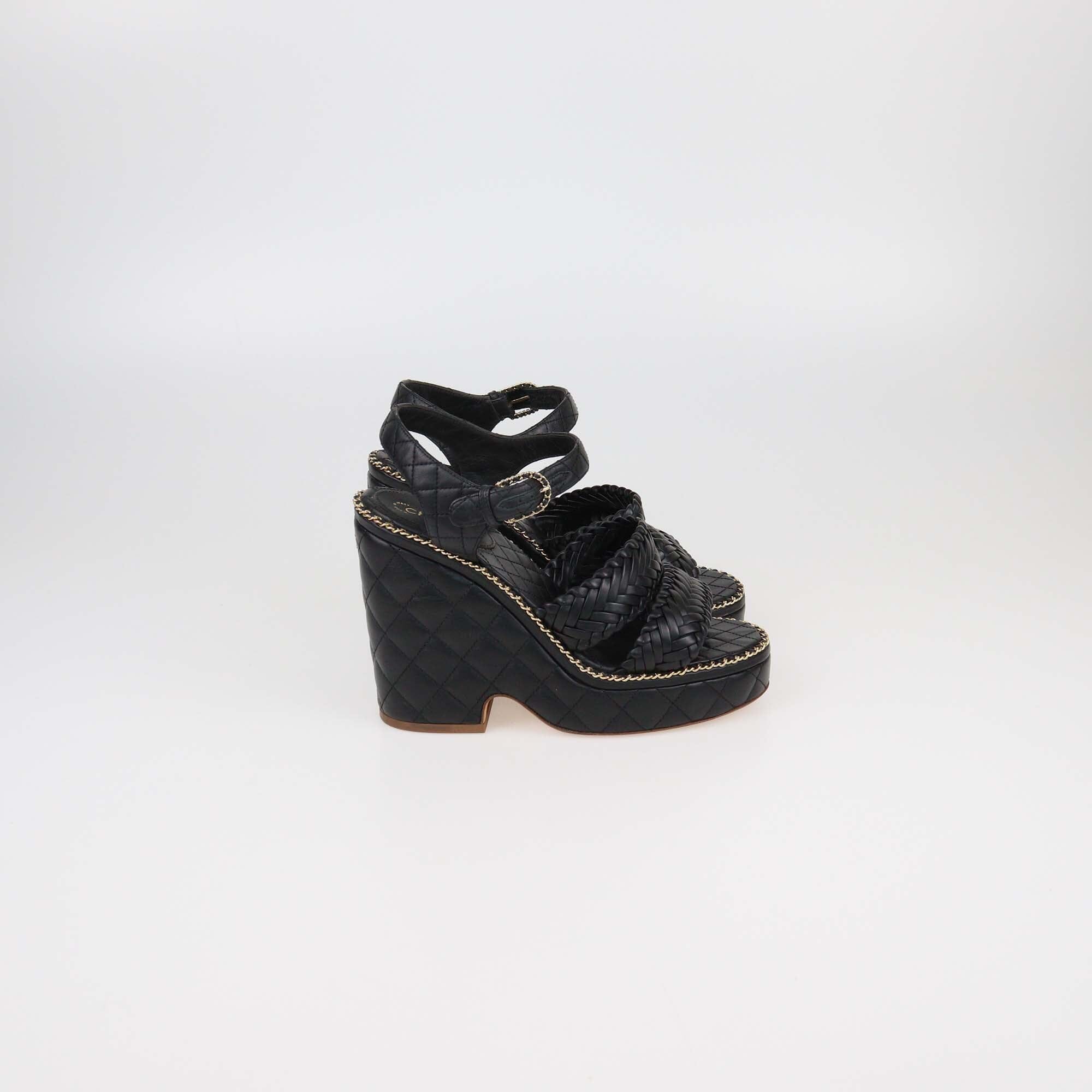 Chanel Black Quilted Braided Chain Around Wedge Platform Sandals Womens Chanel 