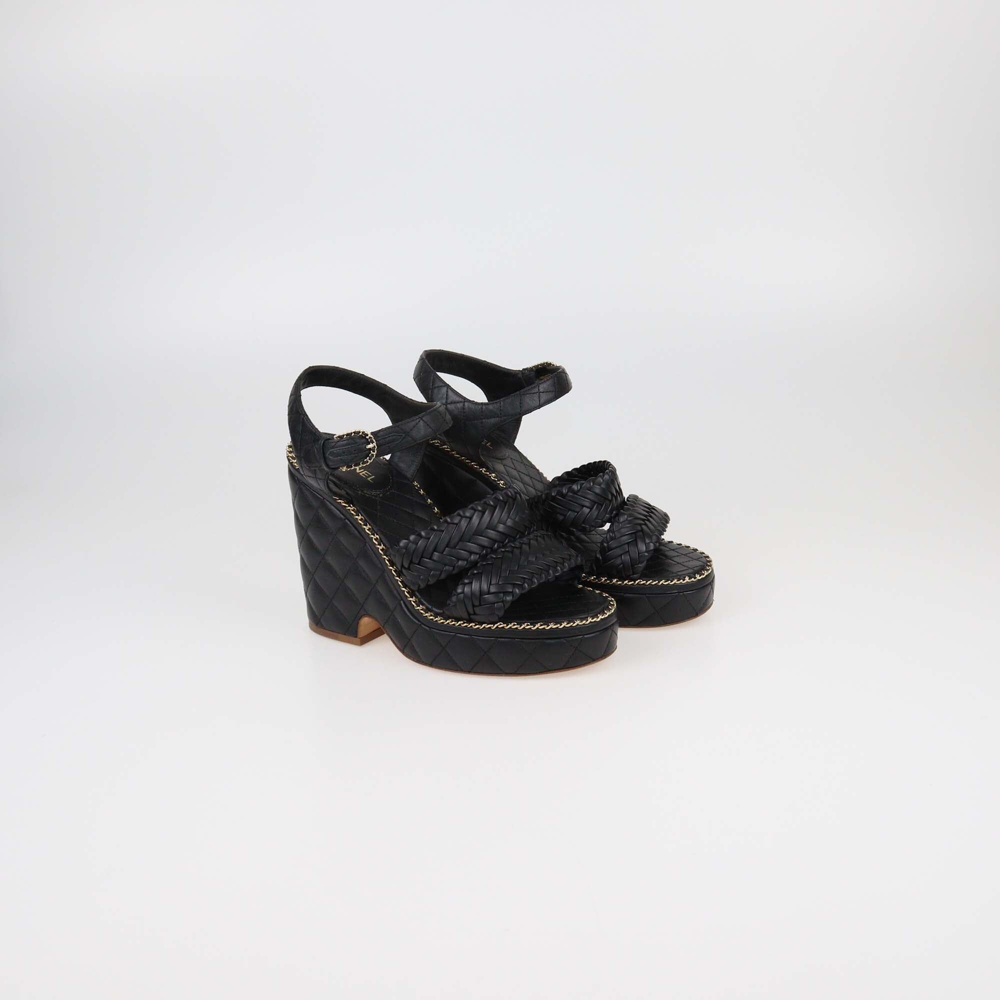 Chanel Black Quilted Braided Chain Around Wedge Platform Sandals Womens Chanel 