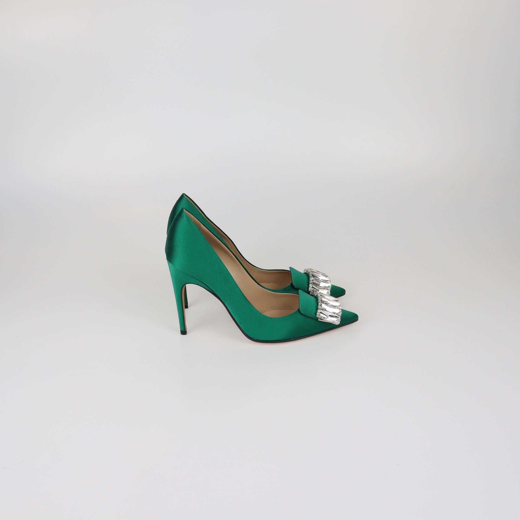 Sergio Rossi Green Satin Crystal Embellished Pumps