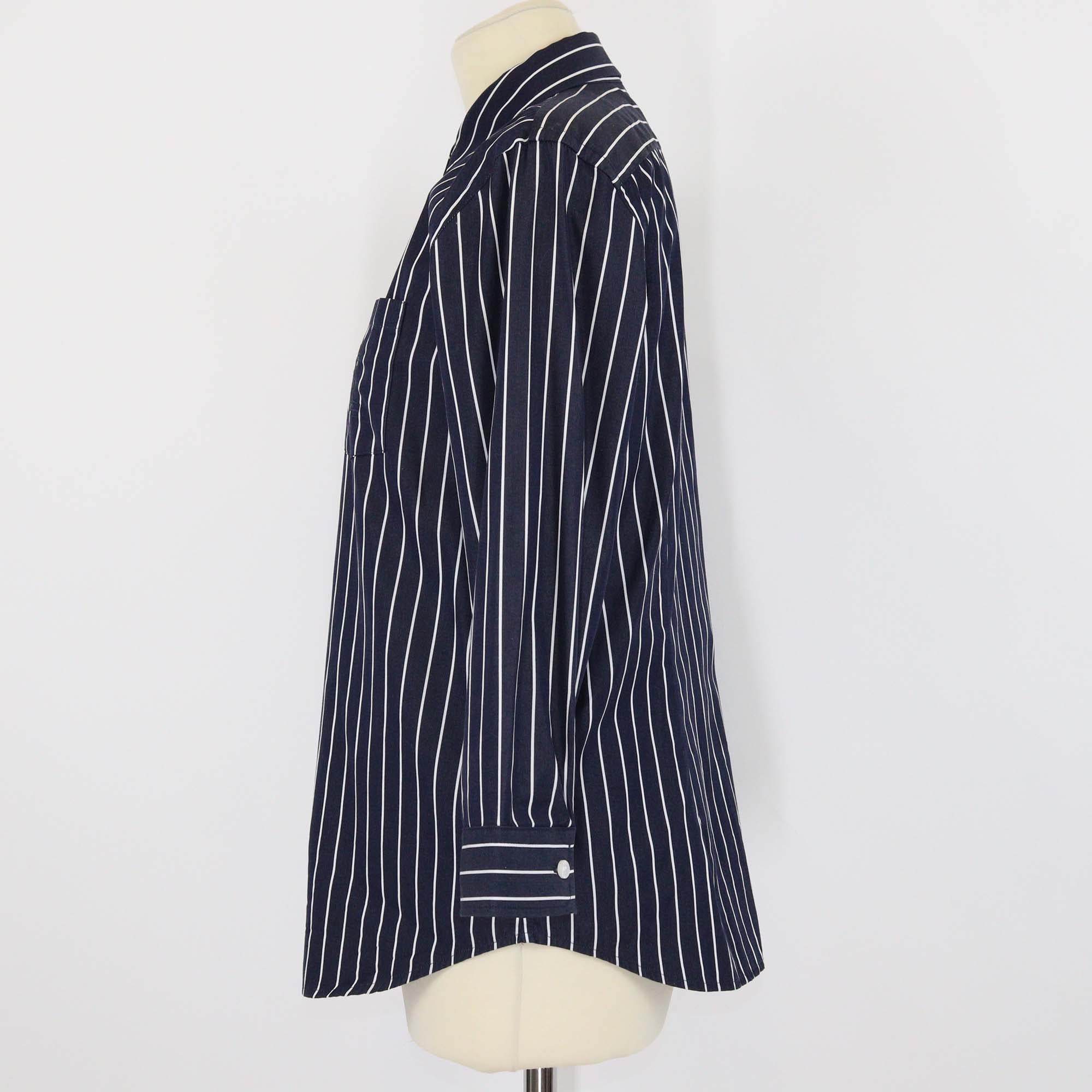 Lauren Ralph Lauren Navy Blue/White Cotton Striped Embroidered Long Sleeve Shirt