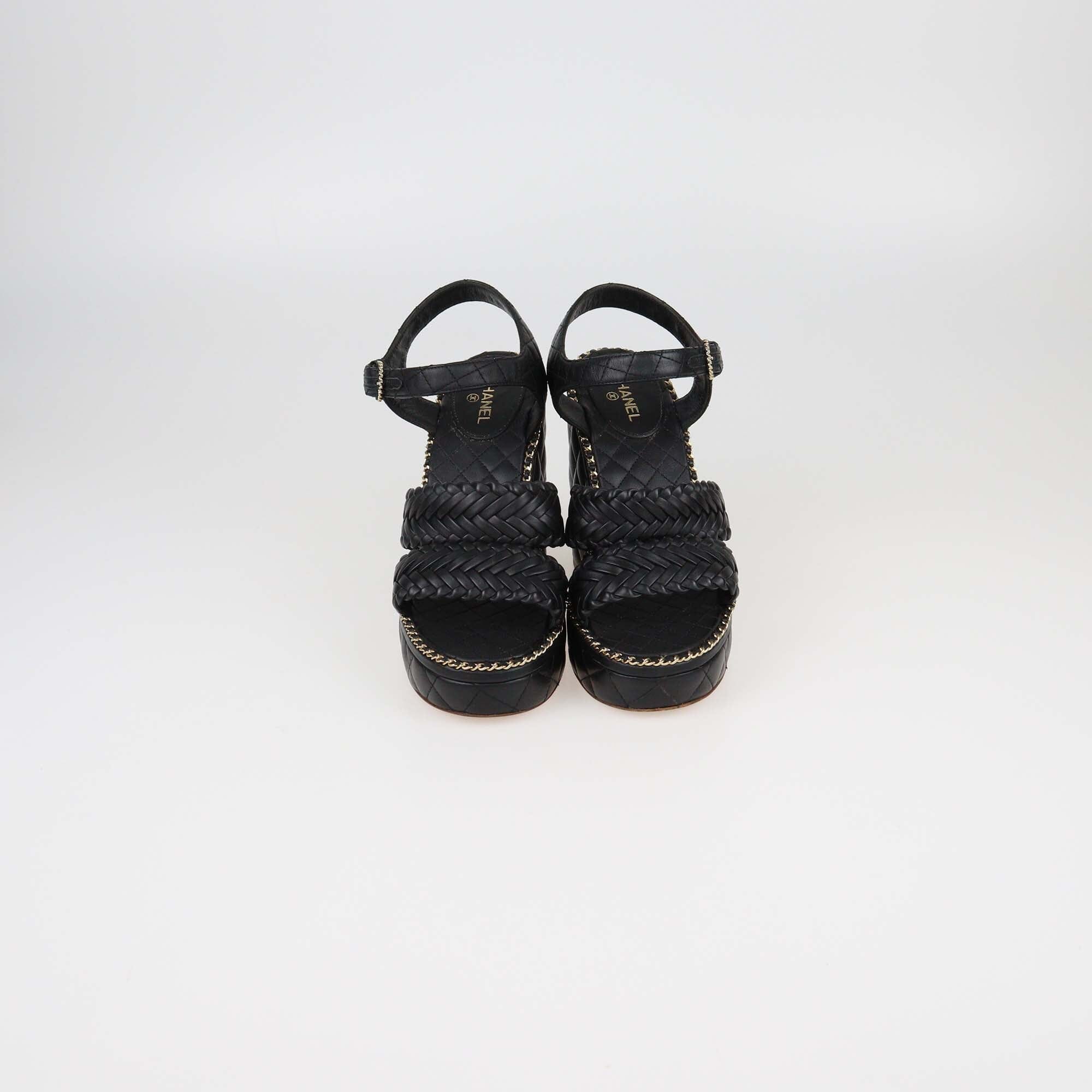 Chanel Black Quilted Braided Chain Around Wedge Platform Sandals Womens Chanel 