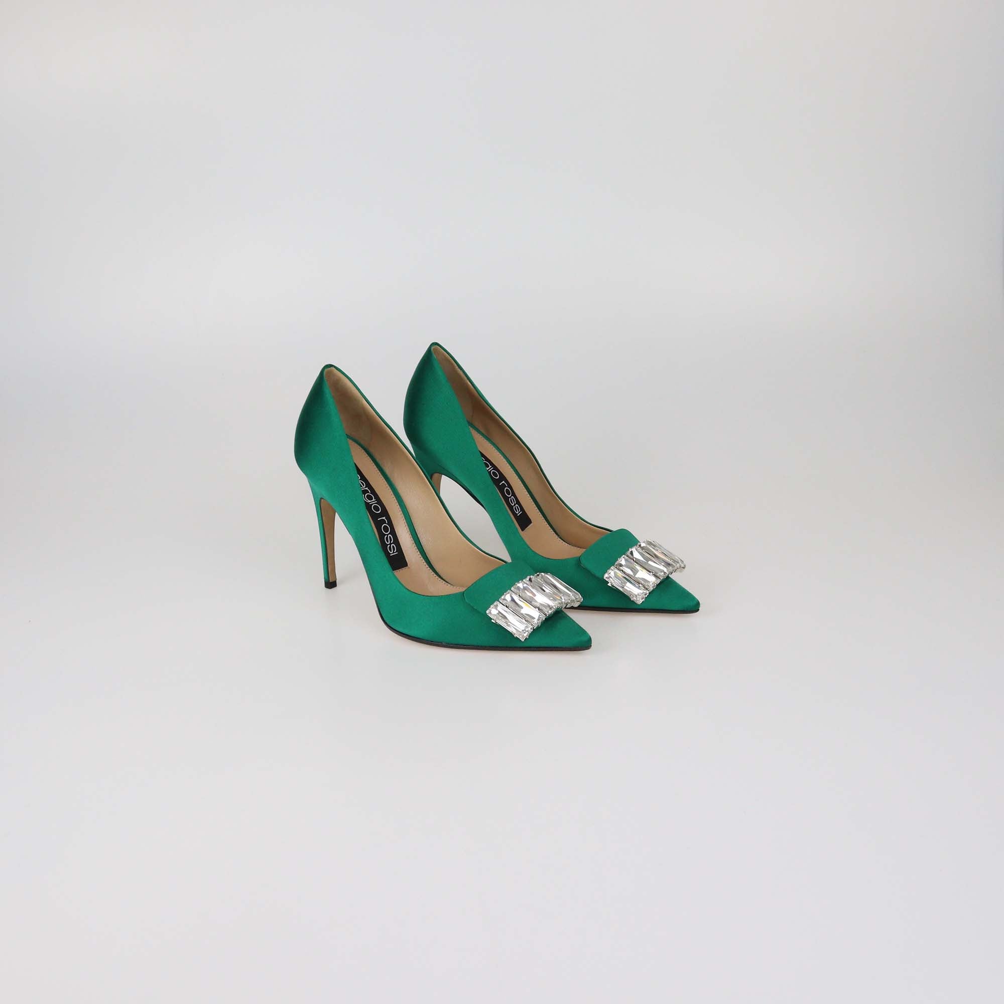 Sergio Rossi Green Satin Crystal Embellished Pumps