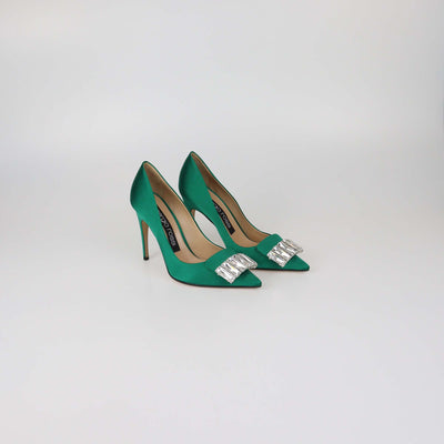 Sergio Rossi Green Satin Crystal Embellished Pumps
