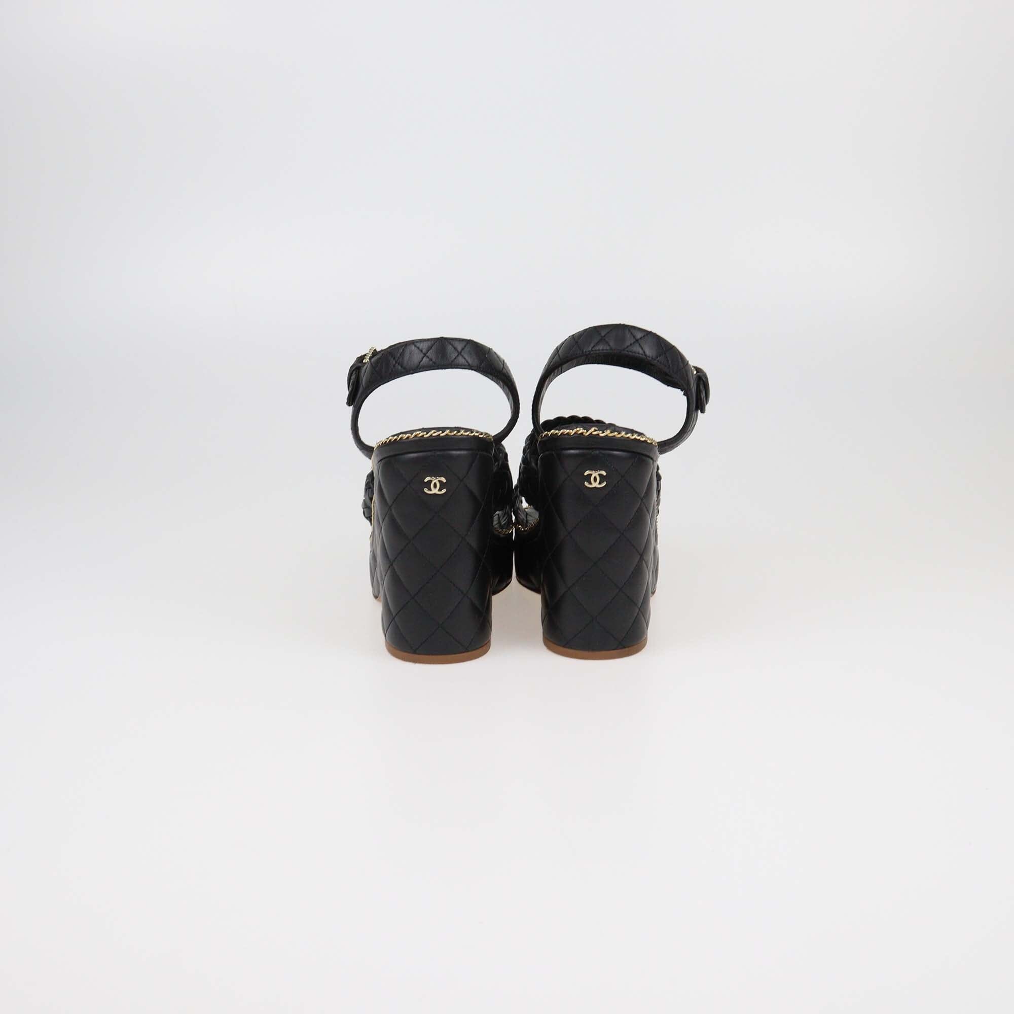 Chanel Black Quilted Braided Chain Around Wedge Platform Sandals Womens Chanel 