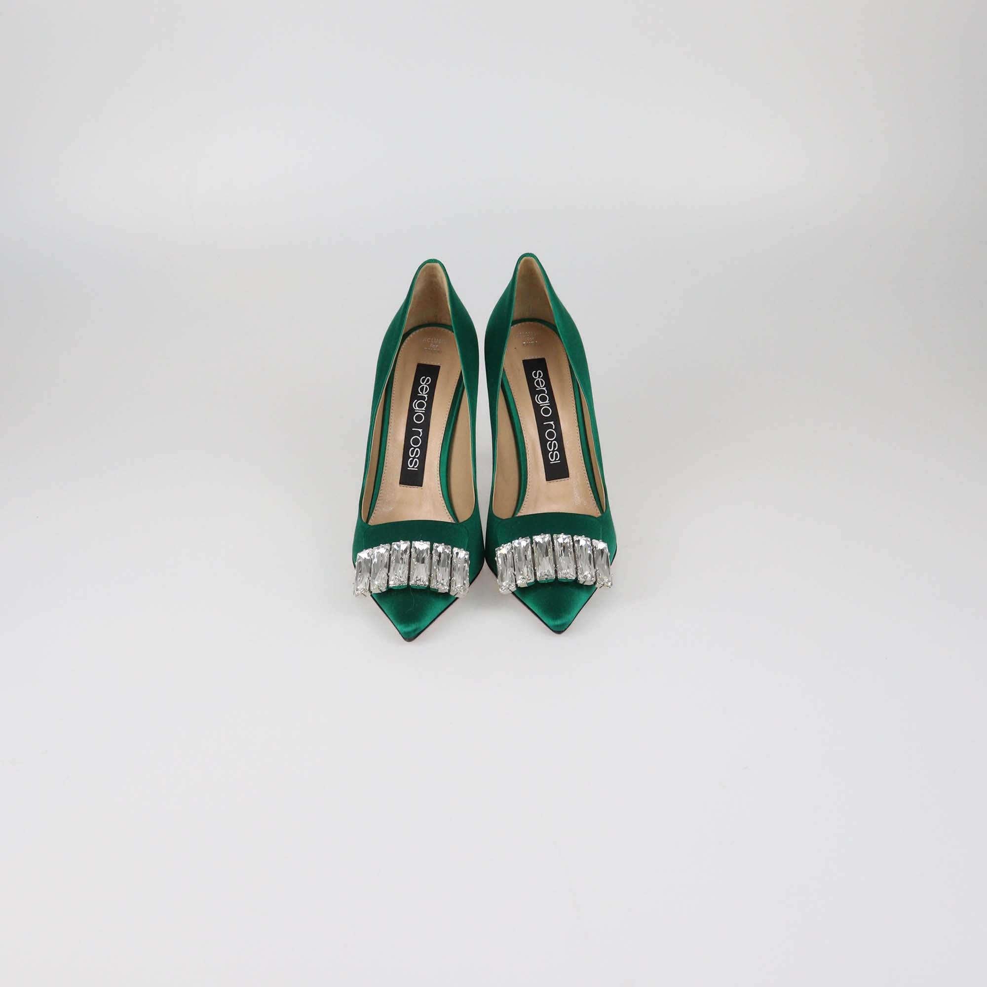 Sergio Rossi Green Satin Crystal Embellished Pumps