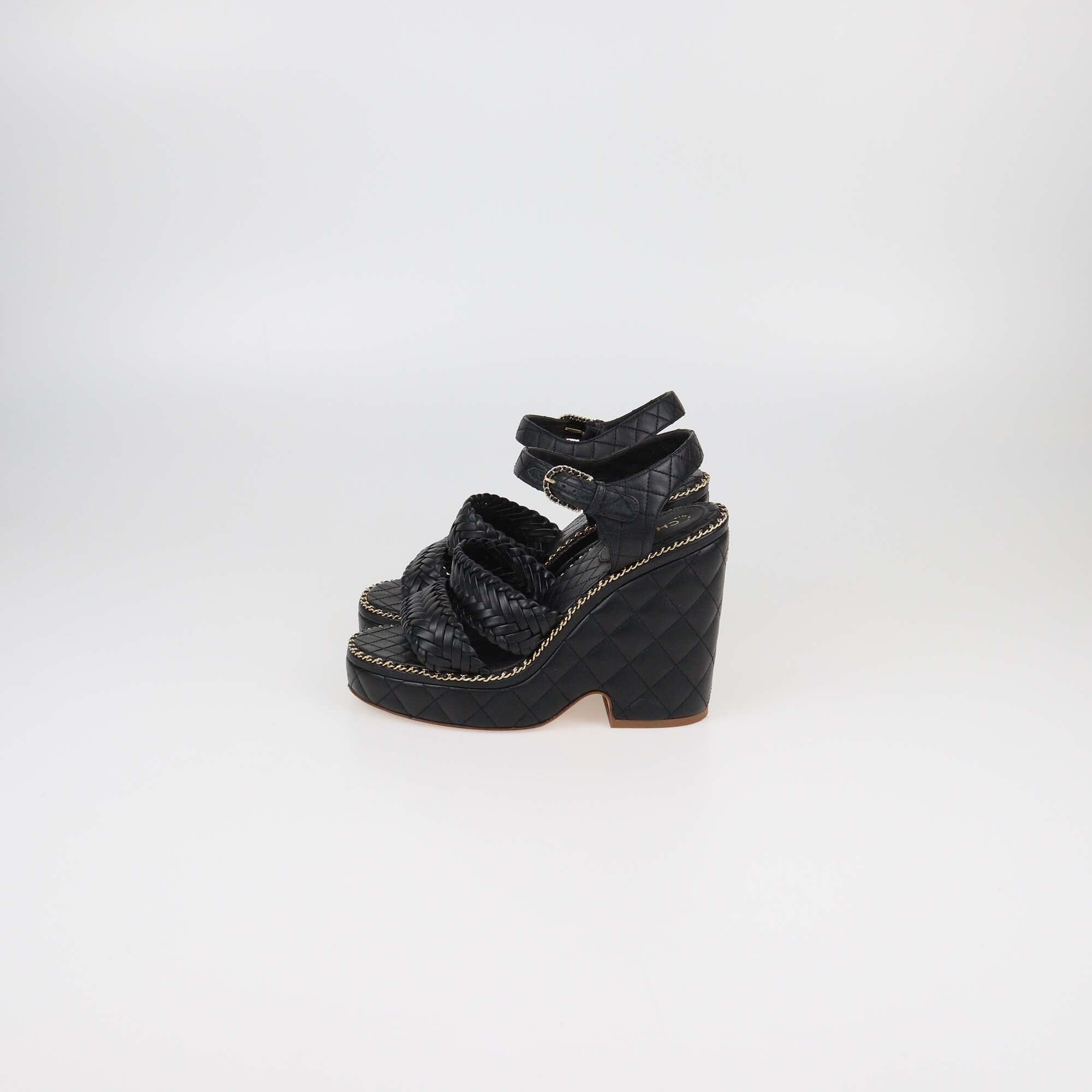 Chanel Black Quilted Braided Chain Around Wedge Platform Sandals Womens Chanel 