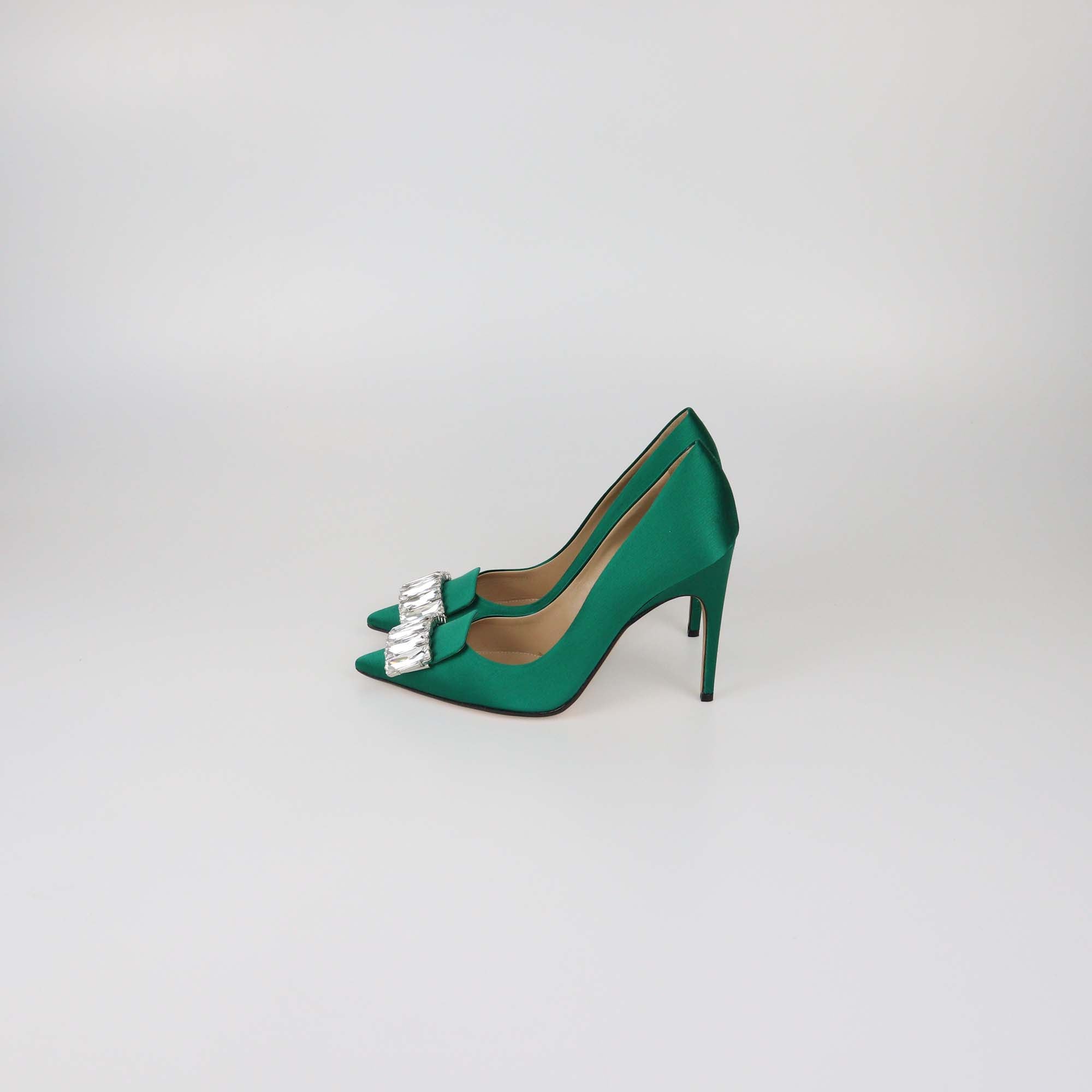 Sergio Rossi Green Satin Crystal Embellished Pumps