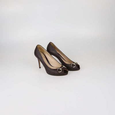 Gucci Dark Brown Guccissima Leather Horsebit Peep Toe Pumps