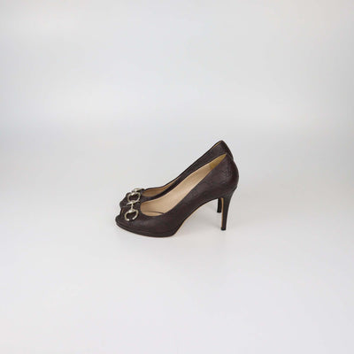 Gucci Dark Brown Guccissima Leather Horsebit Peep Toe Pumps