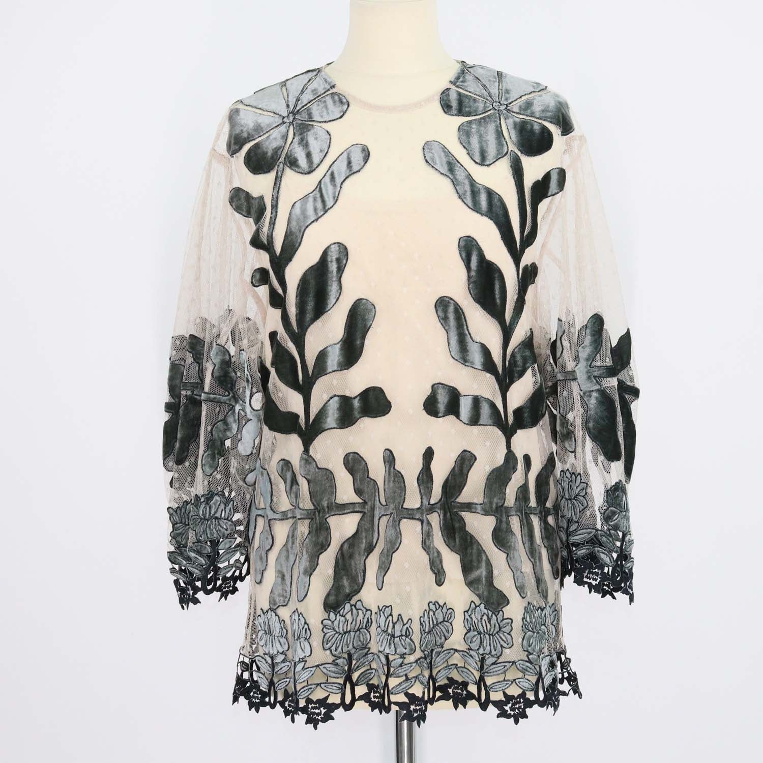 Biyan Green Mesh Velvet Floral Embroidered Blouse