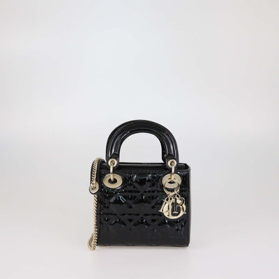 Christian Dior Black Patent Leather Cannage Mini Lady Dior Tote