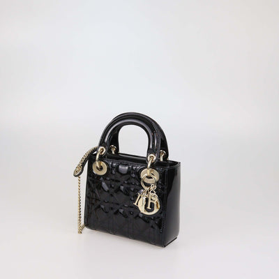 Christian Dior Black Patent Leather Cannage Mini Lady Dior Tote