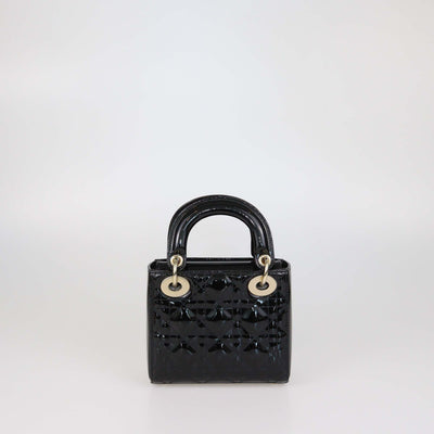 Christian Dior Black Patent Leather Cannage Mini Lady Dior Tote