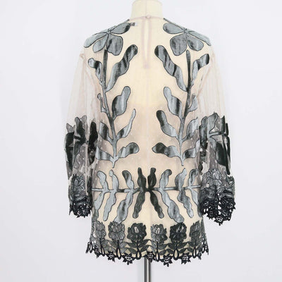 Biyan Green Mesh Velvet Floral Embroidered Blouse
