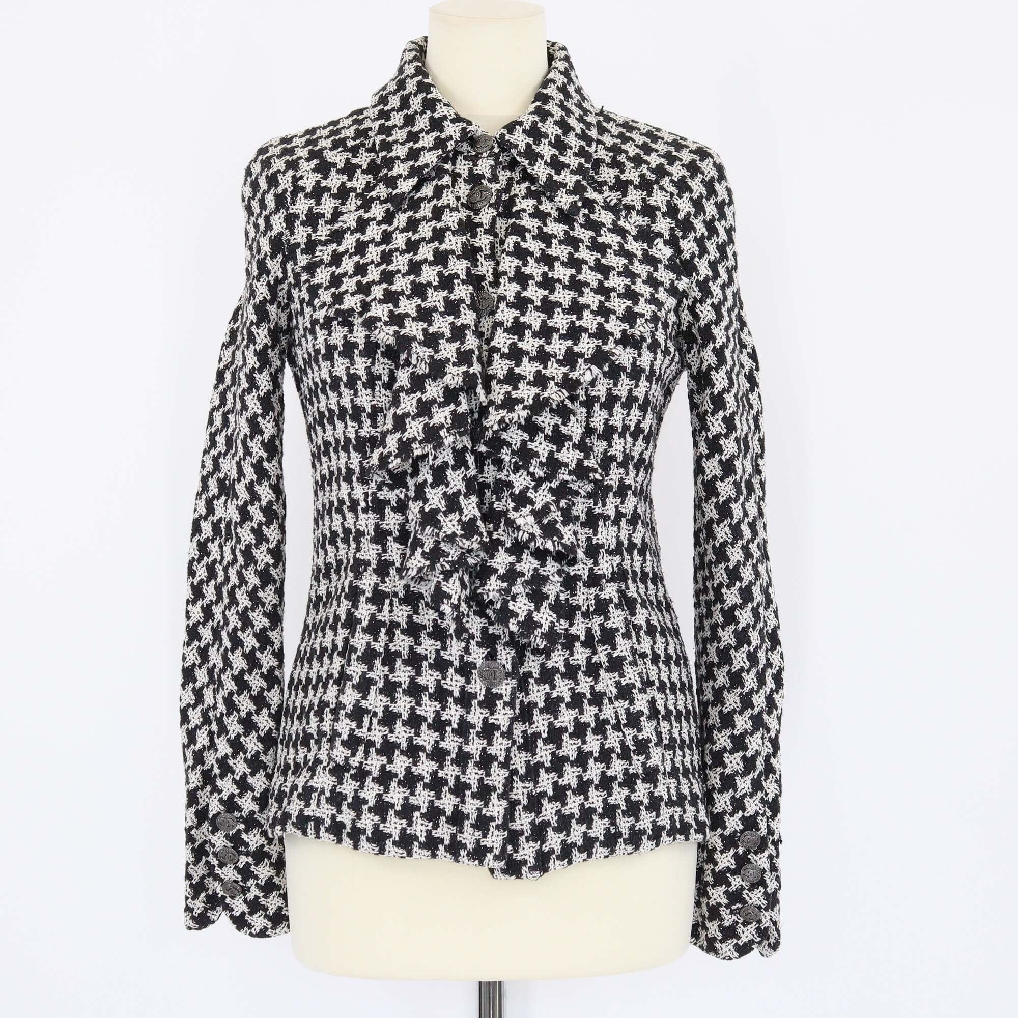 Chanel Black/White Tweed Ruffle Detail Jacket Womens Chanel 