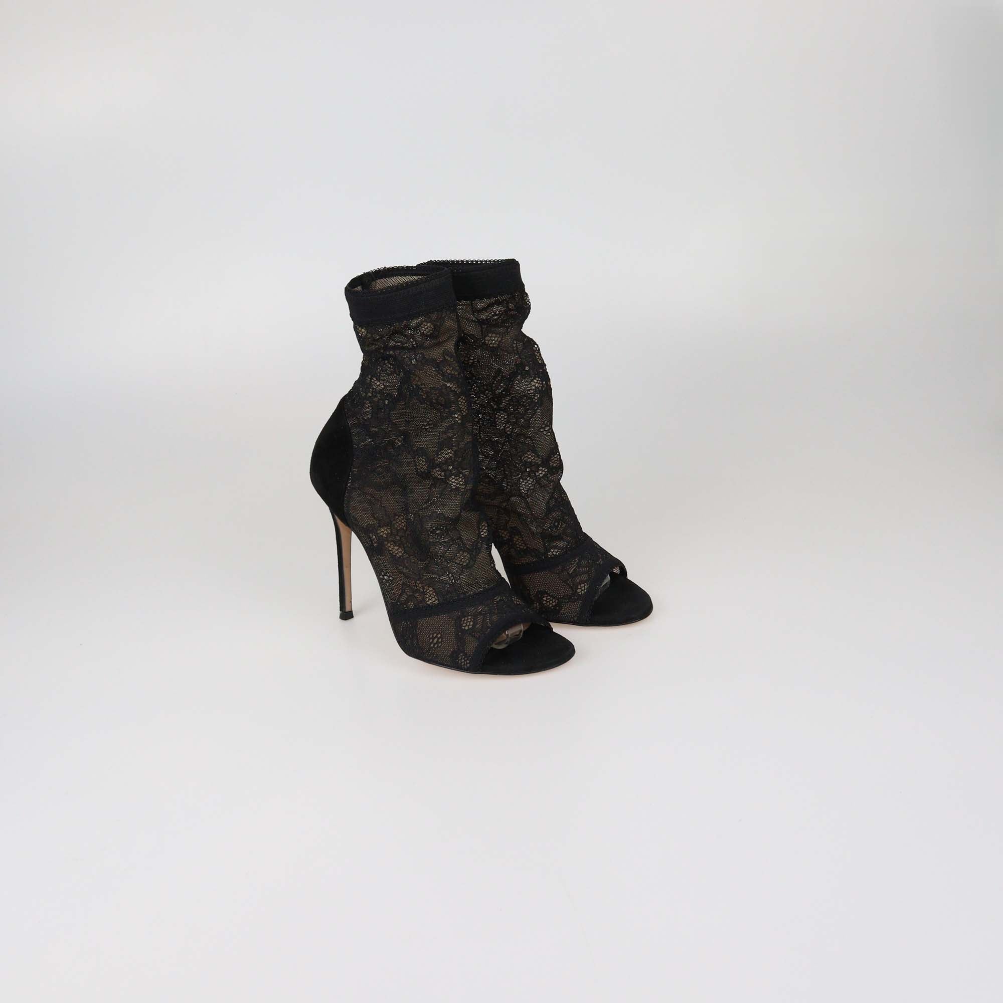 Gianvito Rossi Black Lace and Suede Missy Open Toe Booties