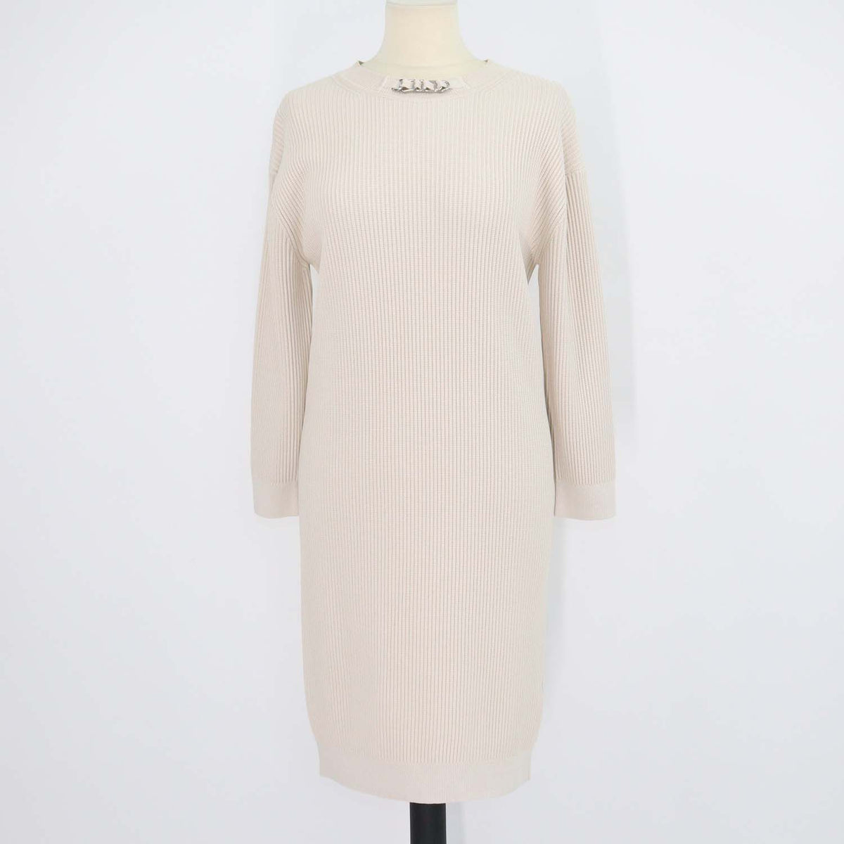 Hermes Beige Blend Viscose Knitted Chain Neck Detail Long Sleeve Dress