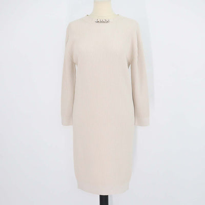 Hermes Beige Blend Viscose Knitted Chain Neck Detail Long Sleeve Dress