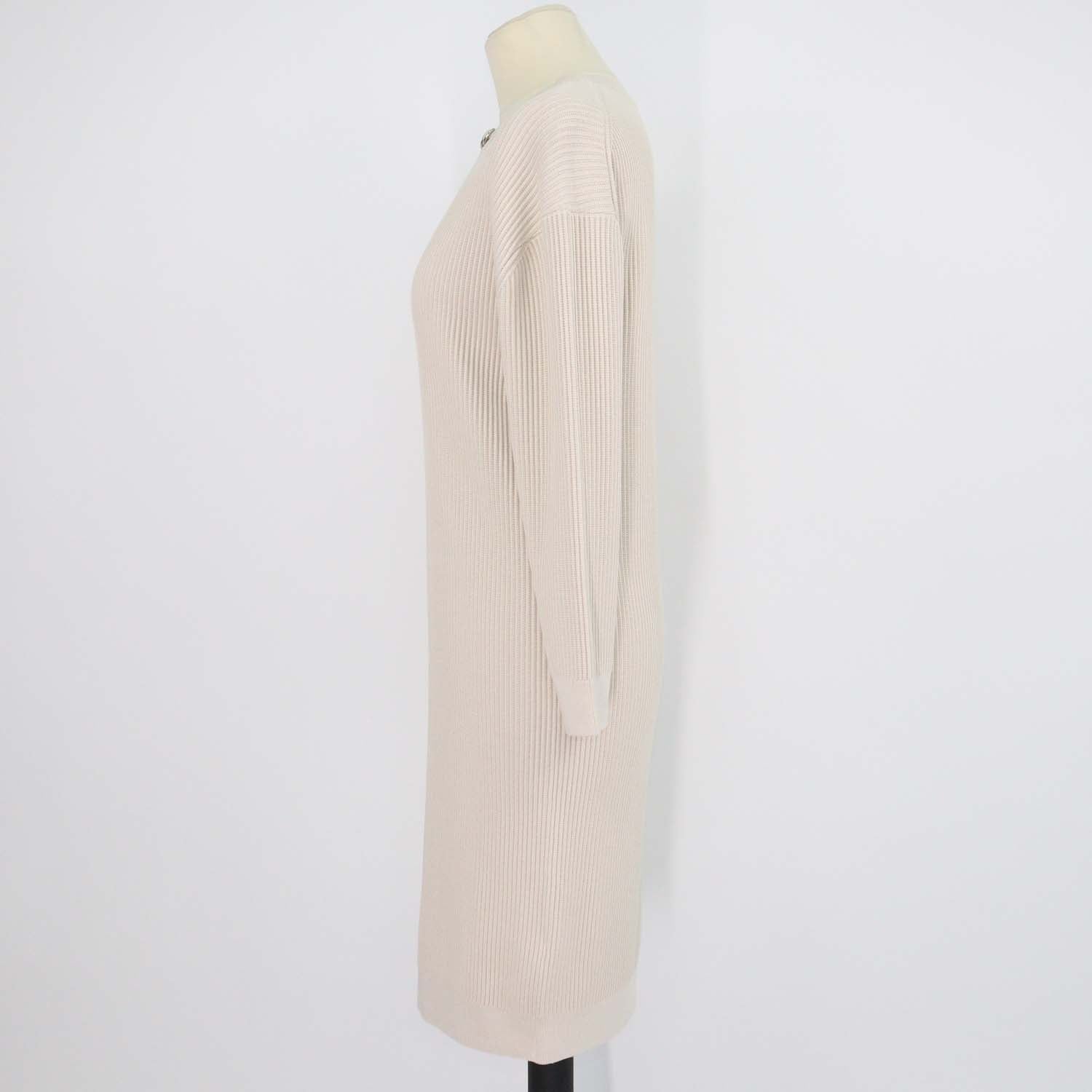 Hermes Beige Blend Viscose Knitted Chain Neck Detail Long Sleeve Dress