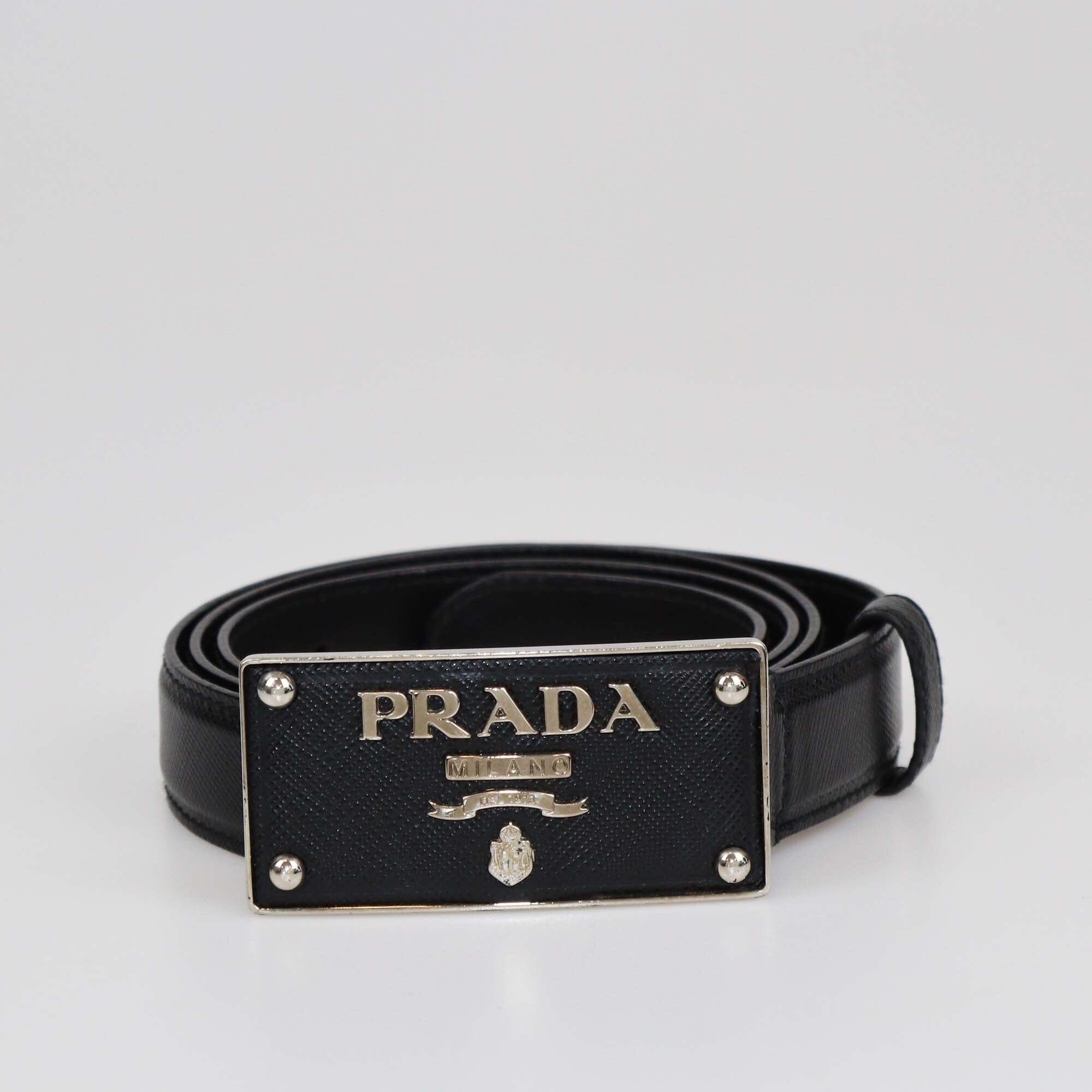 Prada Black Saffiano Logo Buckle Belt Womens Prada 