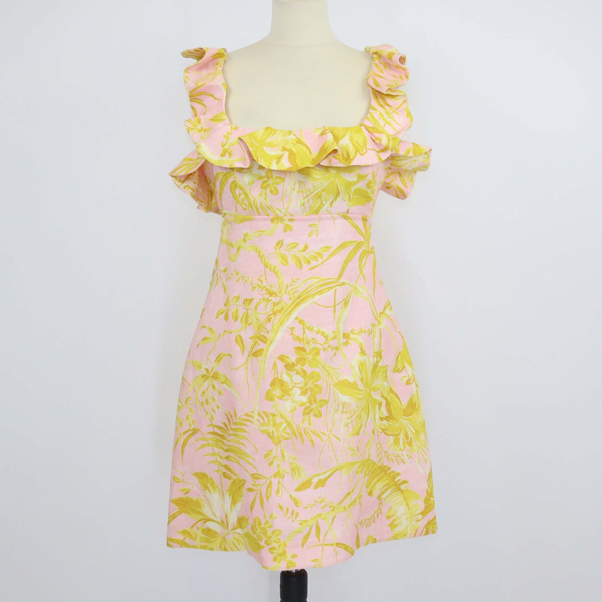 Zimmermann Pink/Yellow Linen Floral Ruffled Cut Out Mini Dress