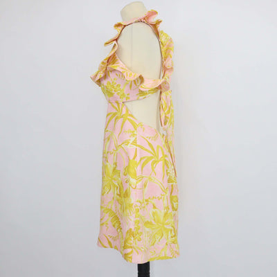 Zimmermann Pink/Yellow Linen Floral Ruffled Cut Out Mini Dress