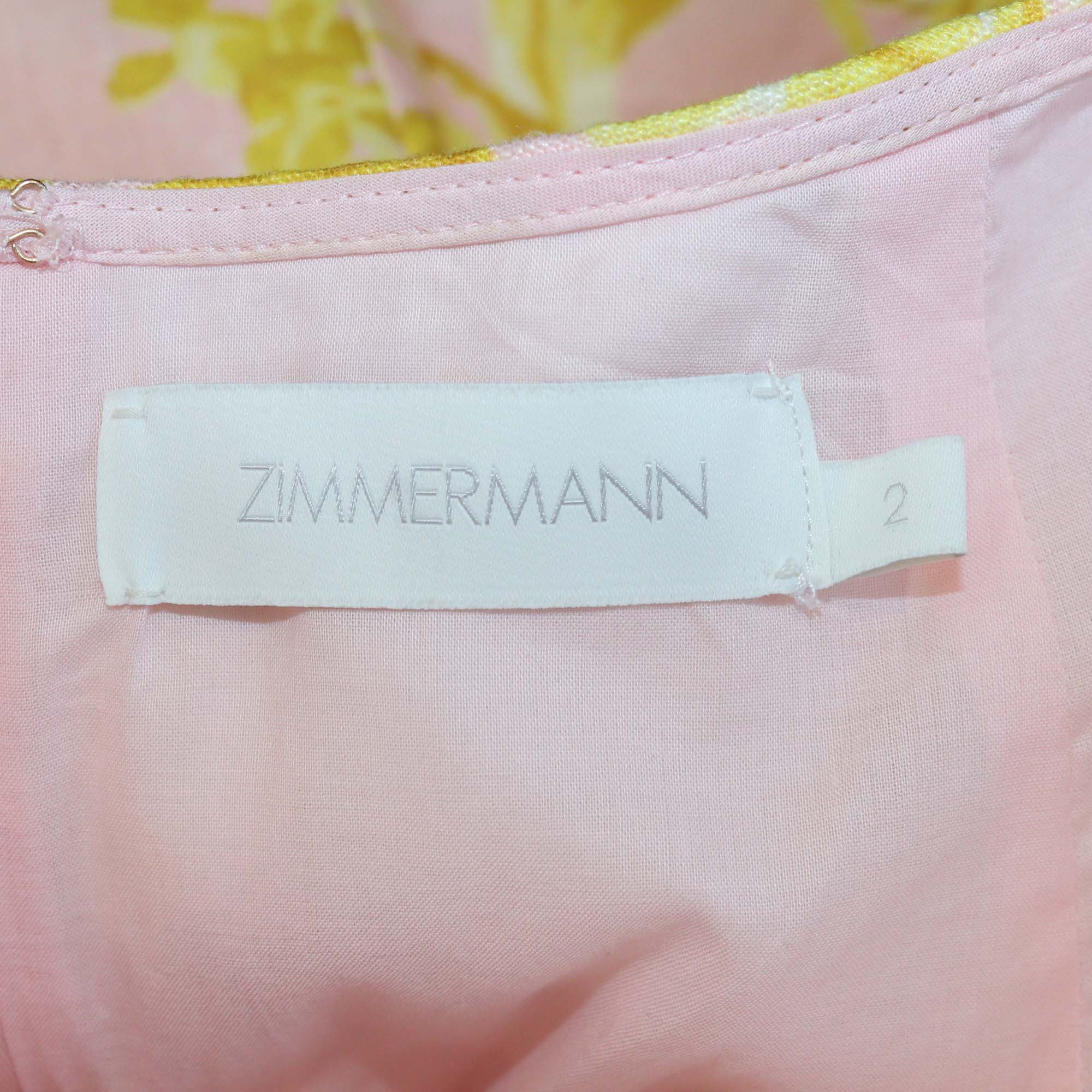Zimmermann Pink/Yellow Linen Floral Ruffled Cut Out Mini Dress