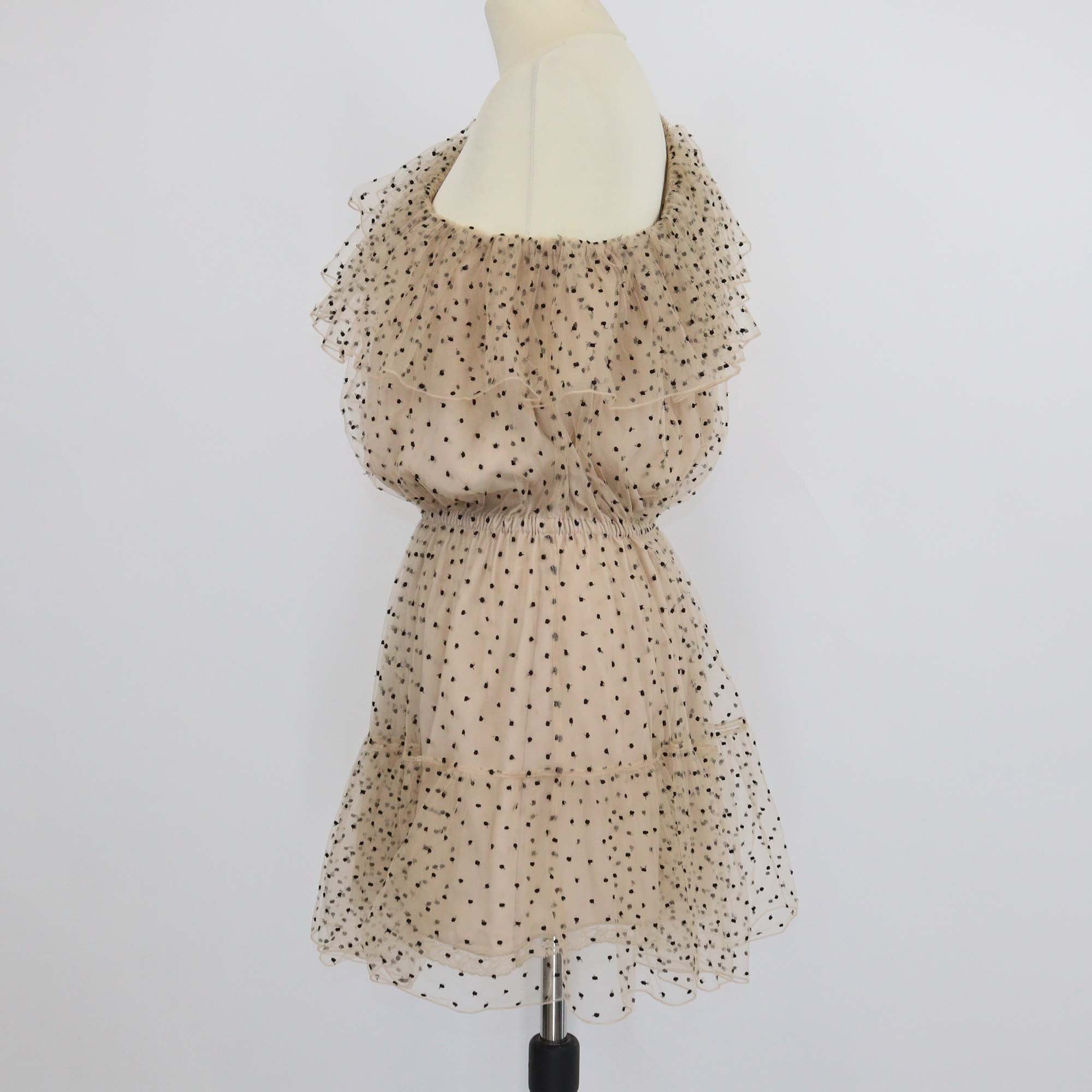 Gucci Beige Blend Fabric Polka Dot Ruffled One Shoulder Mini Dress