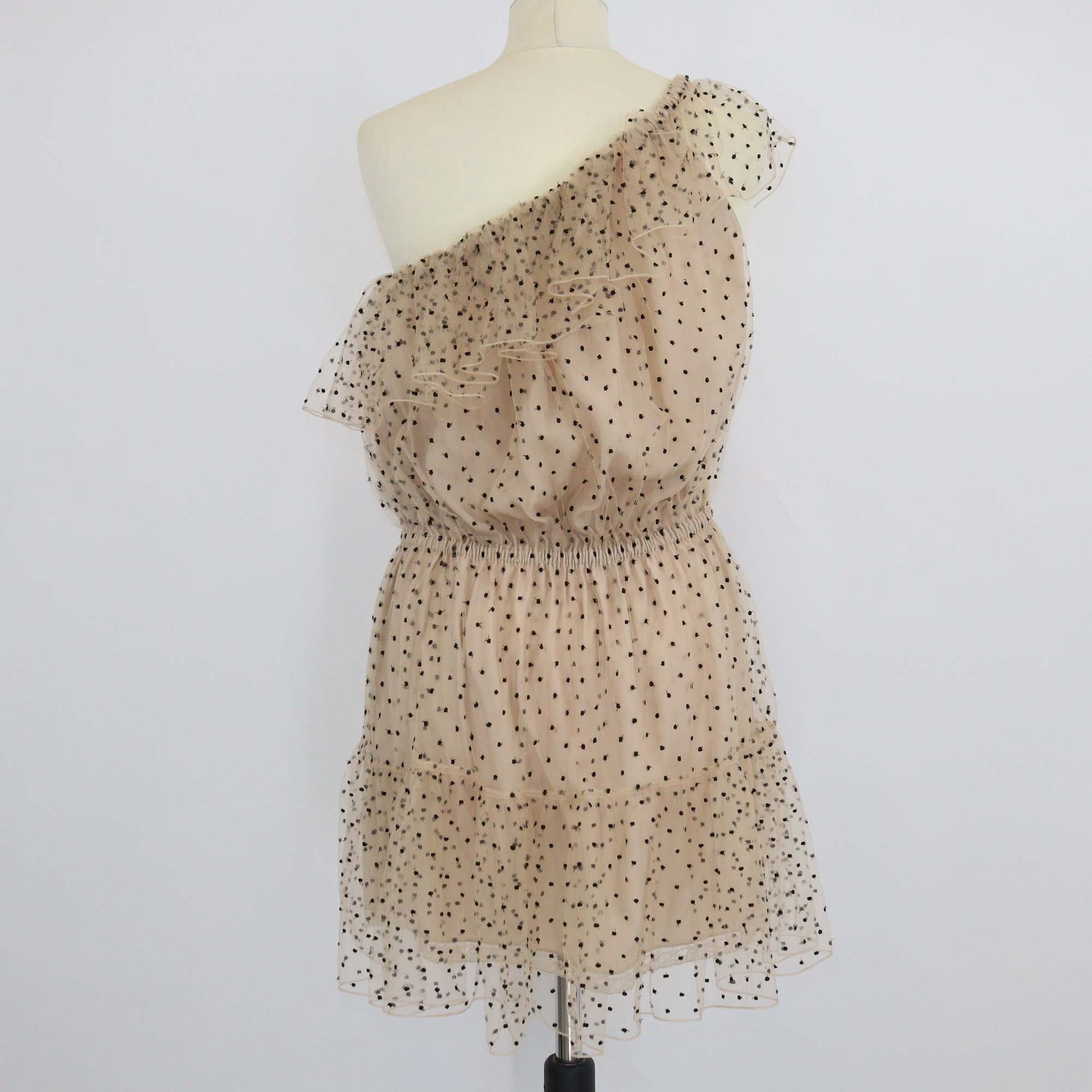Gucci Beige Blend Fabric Polka Dot Ruffled One Shoulder Mini Dress