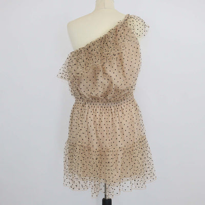 Gucci Beige Blend Fabric Polka Dot Ruffled One Shoulder Mini Dress