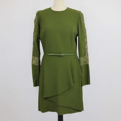 Elie Saab Olive Green Blend Viscose Lace Detail Long Sleeve Belted Short Dress