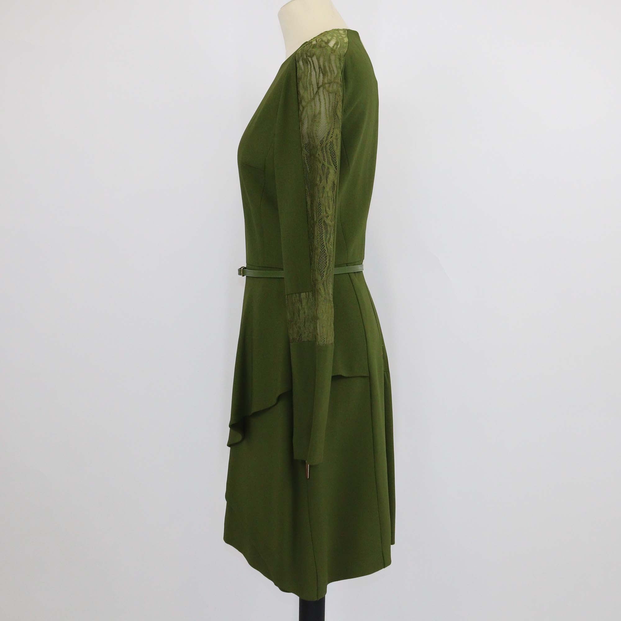 Elie Saab Olive Green Blend Viscose Lace Detail Long Sleeve Belted Short Dress