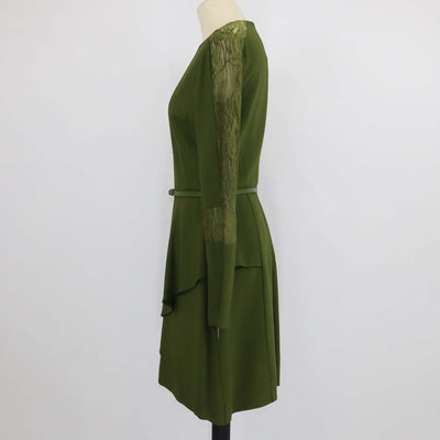 Elie Saab Olive Green Blend Viscose Lace Detail Long Sleeve Belted Short Dress