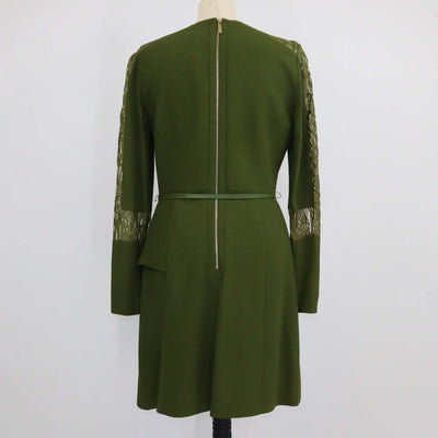 Elie Saab Olive Green Blend Viscose Lace Detail Long Sleeve Belted Short Dress