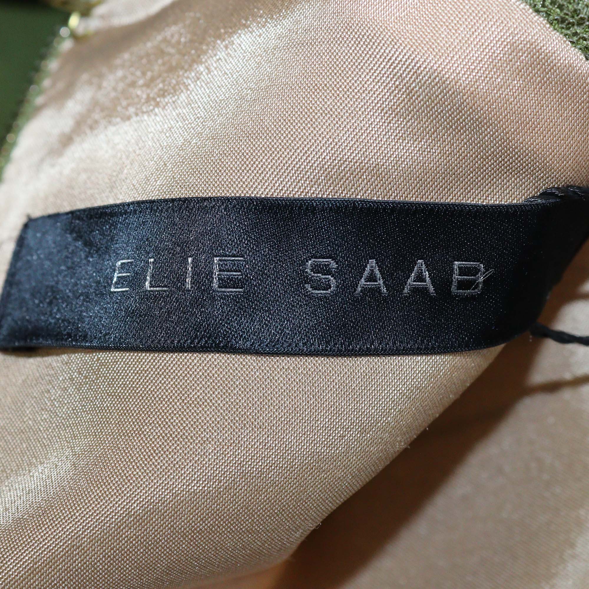Elie Saab Olive Green Blend Viscose Lace Detail Long Sleeve Belted Short Dress